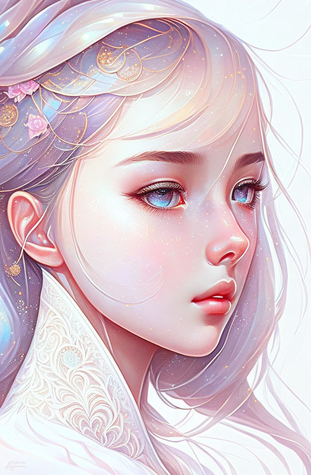 Ethereal Woman Illustration: Pastel Hair, Gold Accents, Red Eyes, White Clothing