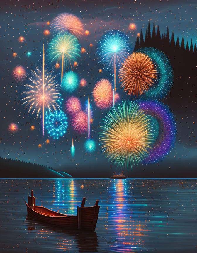 Night sky with fireworks over calm waters and silhouetted trees