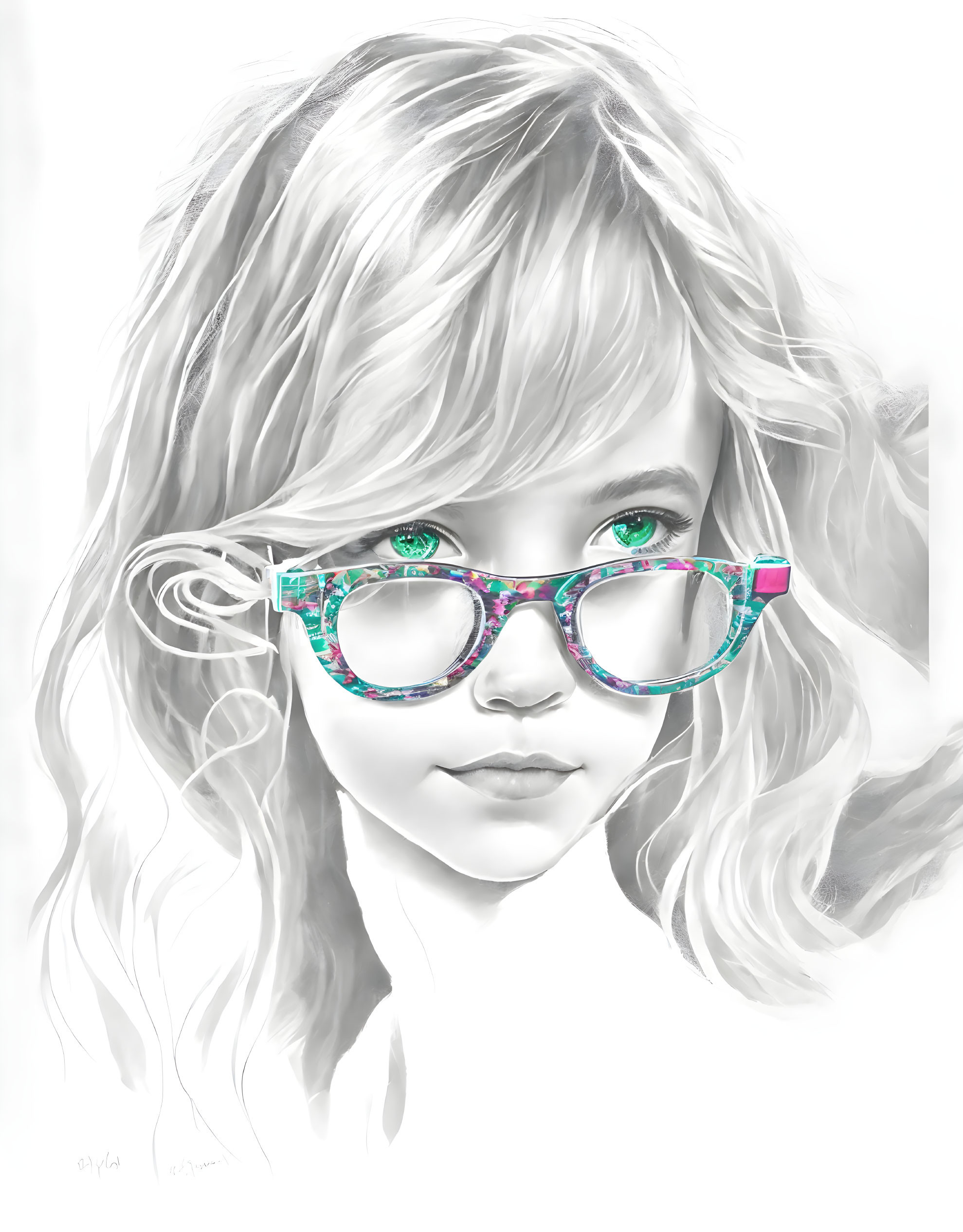 Monochrome illustration of young girl with green eyes and patterned glasses