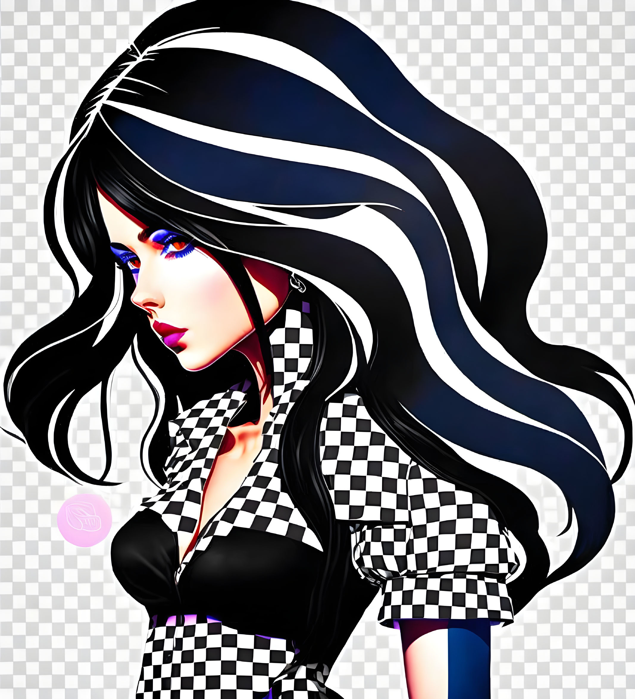 Stylized female figure with flowing hair and bold makeup in checkered outfit