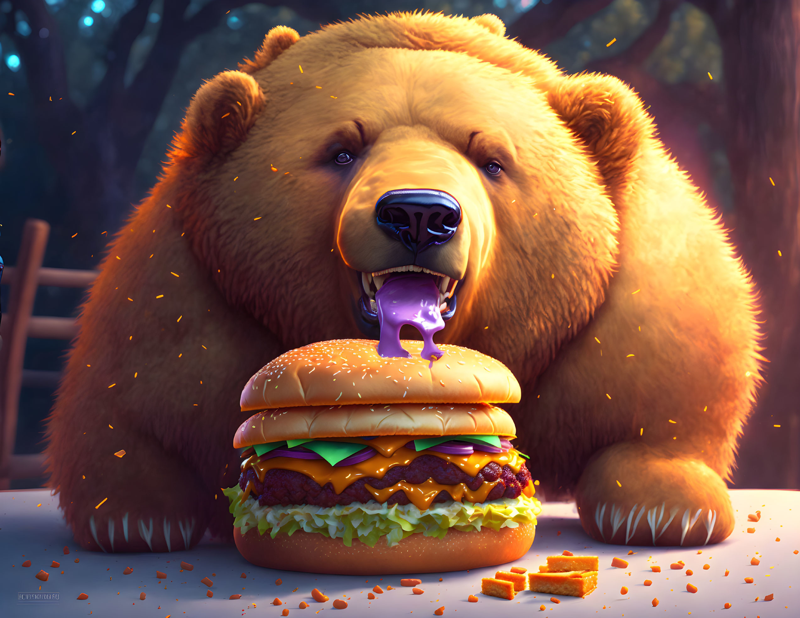 Stylized animated bear drooling over giant hamburger in enchanted forest