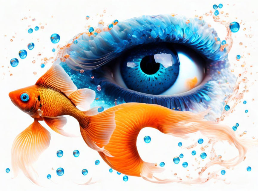 Colorful Goldfish Blending into Human Eye Iris with Water Droplets