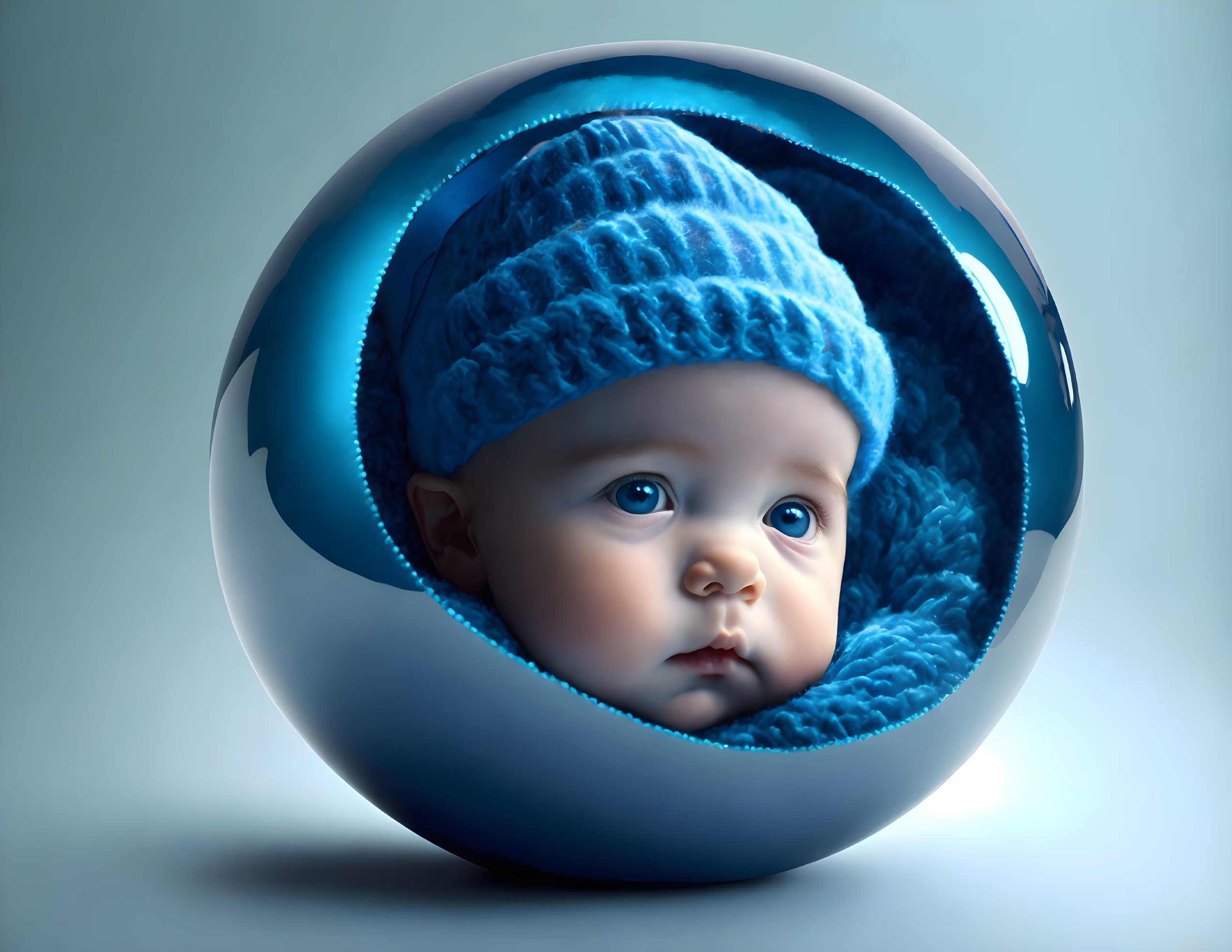 Infant in blue knitted hat inside reflective bubble