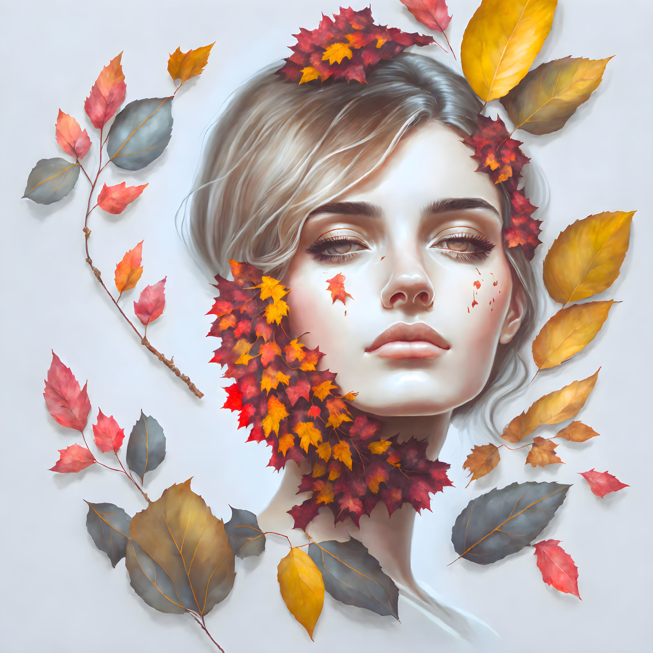 Digital painting of woman's face in autumn leaf wreath, serene expression & leaves on cheeks.