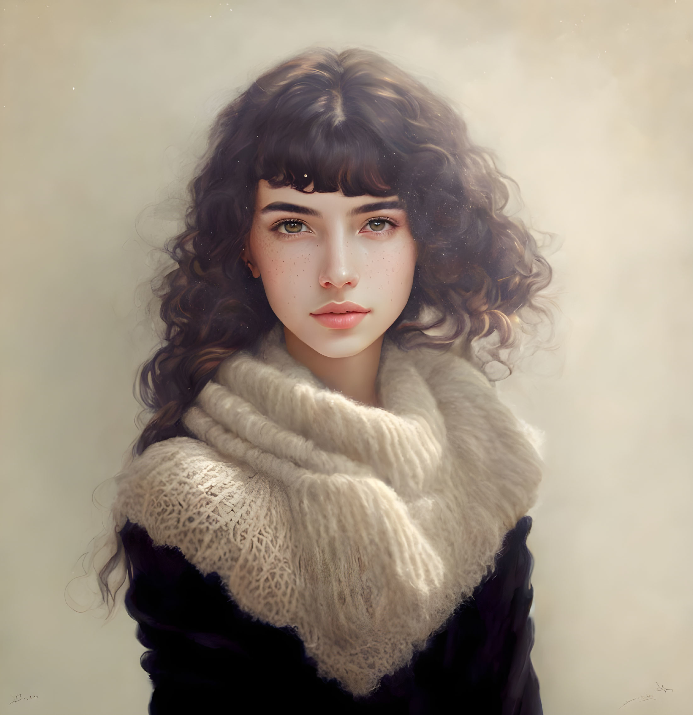 Portrait of woman with curly hair, blue eyes, and knitted sweater