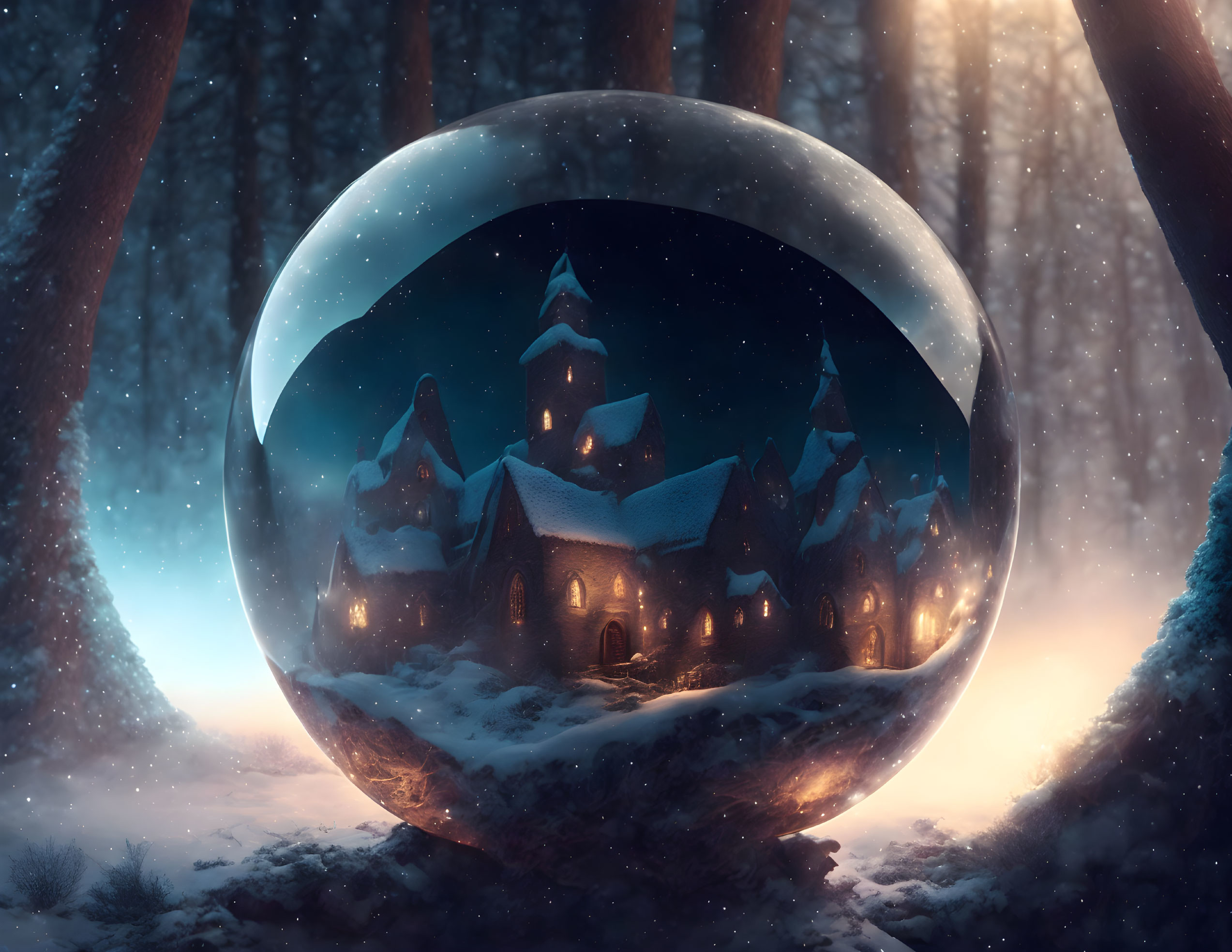 Snowy village scene in crystal globe with wintery forest