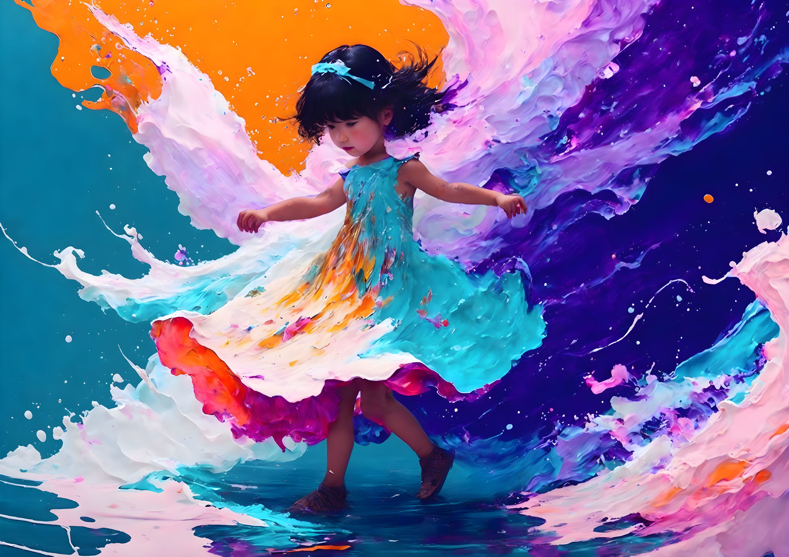 Young girl twirling in vibrant paint swirls in dynamic image