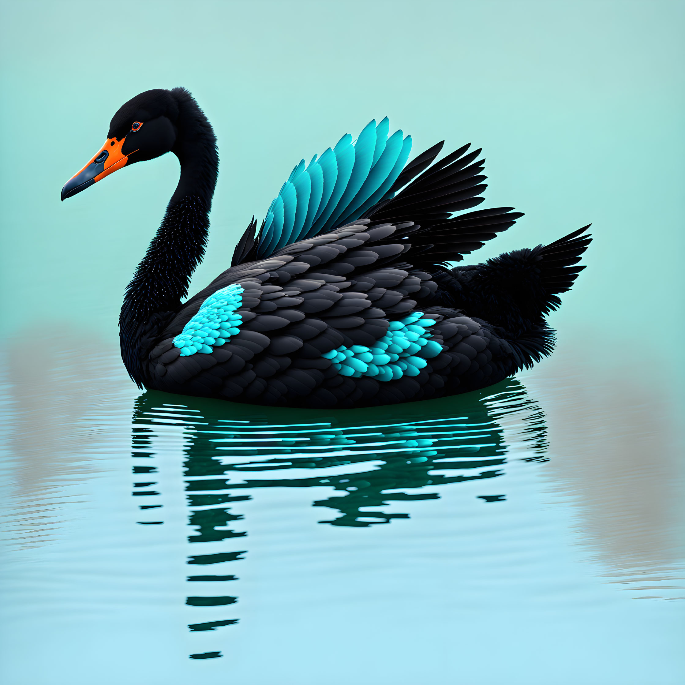 Black Swan Artistic Rendering with Turquoise Feathers Reflected on Water