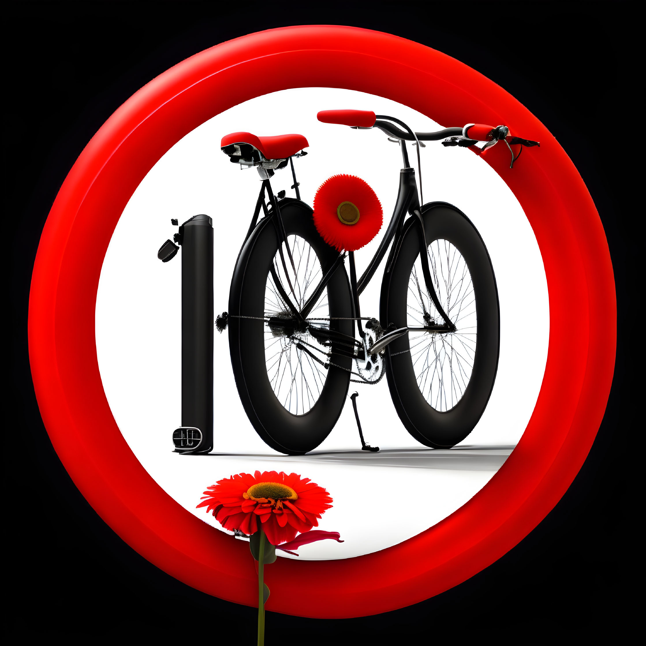 Black Bicycle with Red Daisy and Circular Frame on Black Background