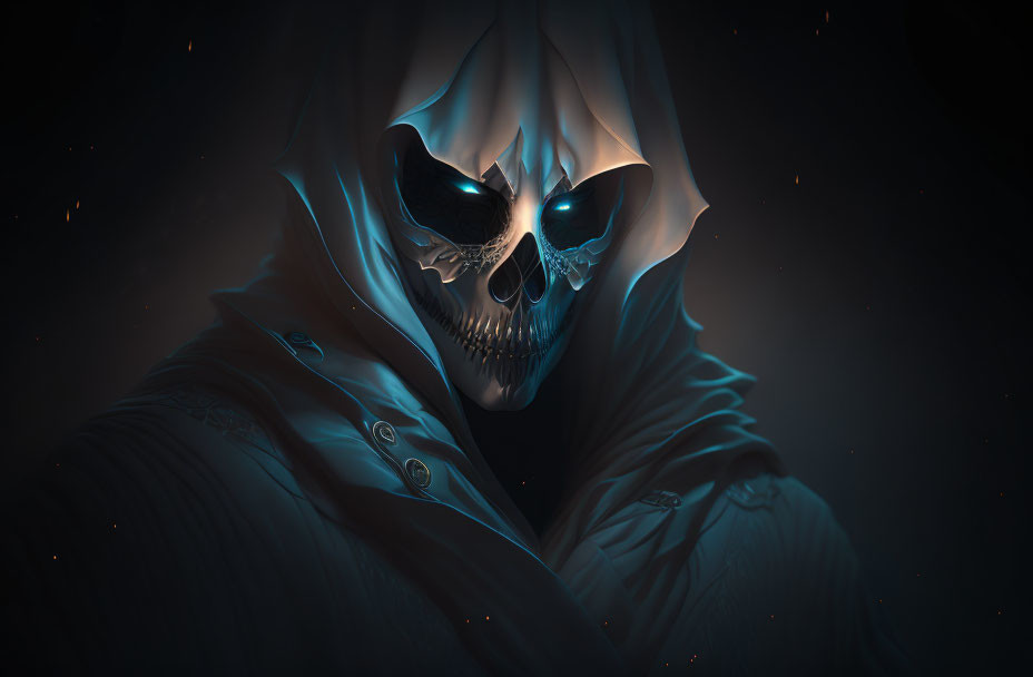 Digital Artwork: Cloaked Figure with Glowing Blue Skull Face