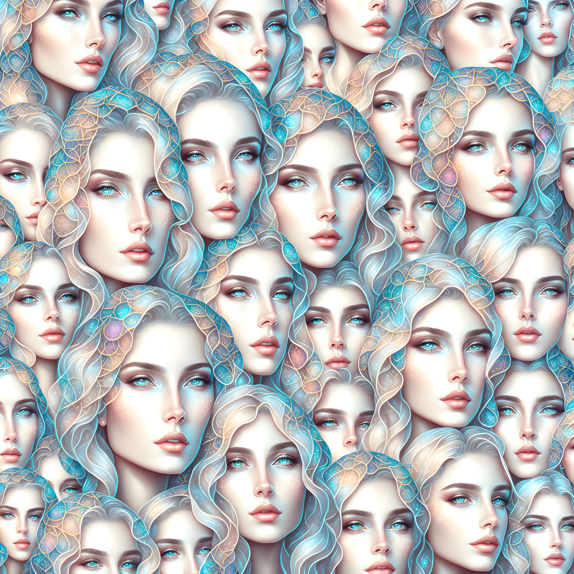 Illustrated Female Faces Seamless Pattern in Pastel Colors