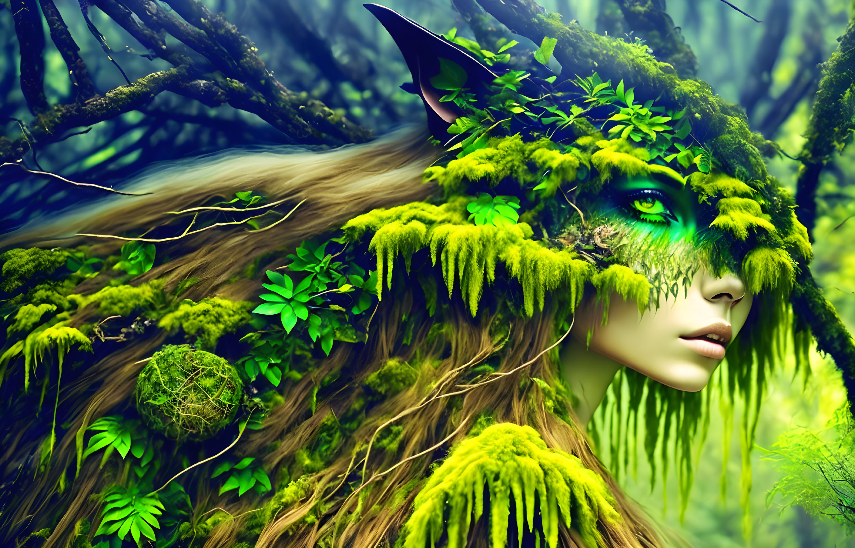 Female figure with green eyes blending into lush forest elements