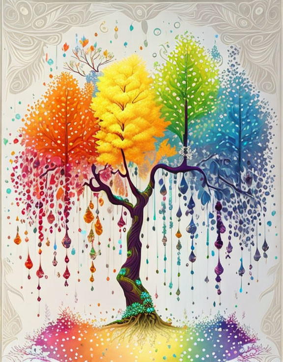 Seasonal Tree Artwork with Colorful Leaves and Jewels on Patterned Background