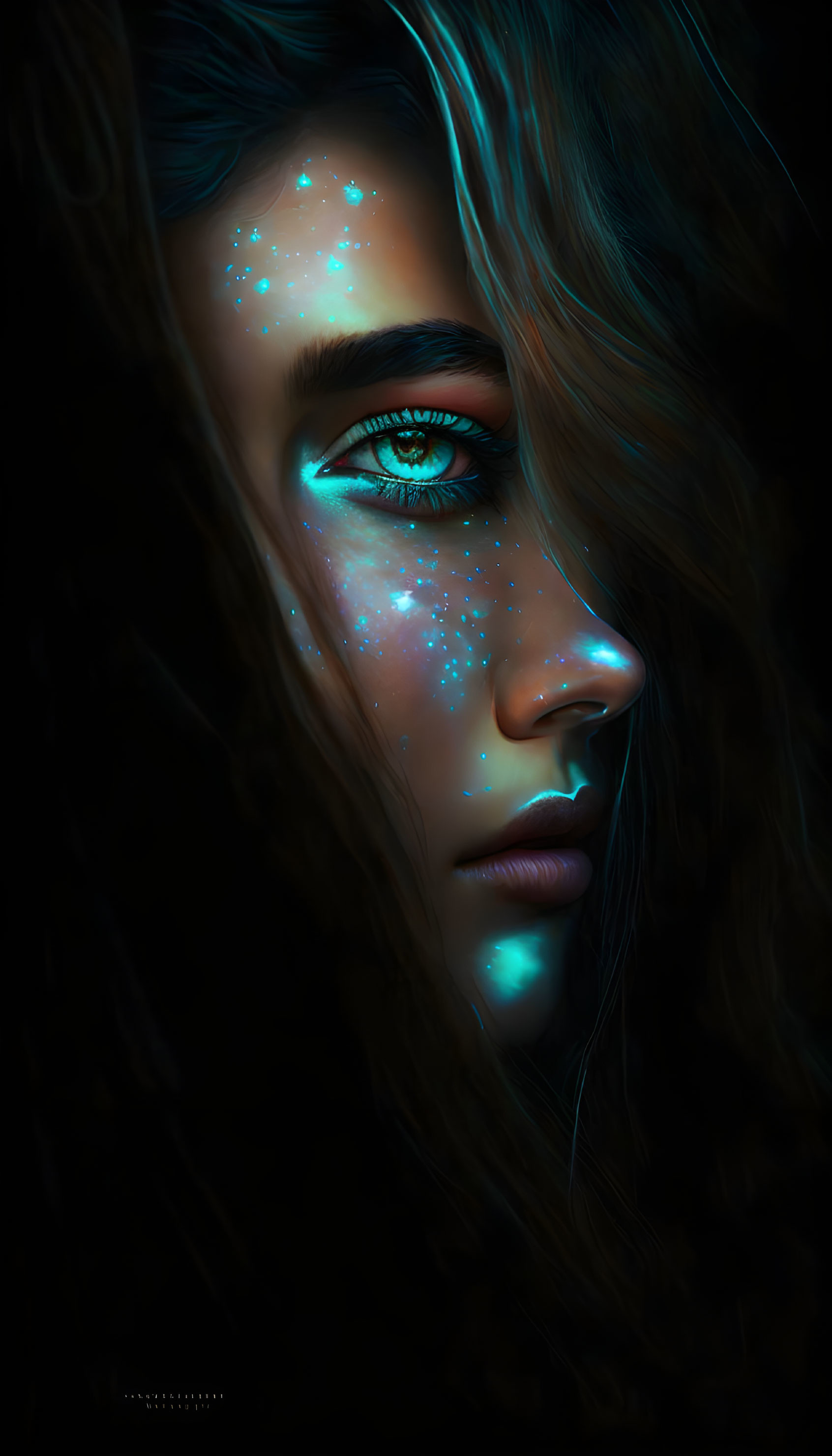 Digital artwork: Woman with glowing turquoise eyes and star-like freckles on dark background