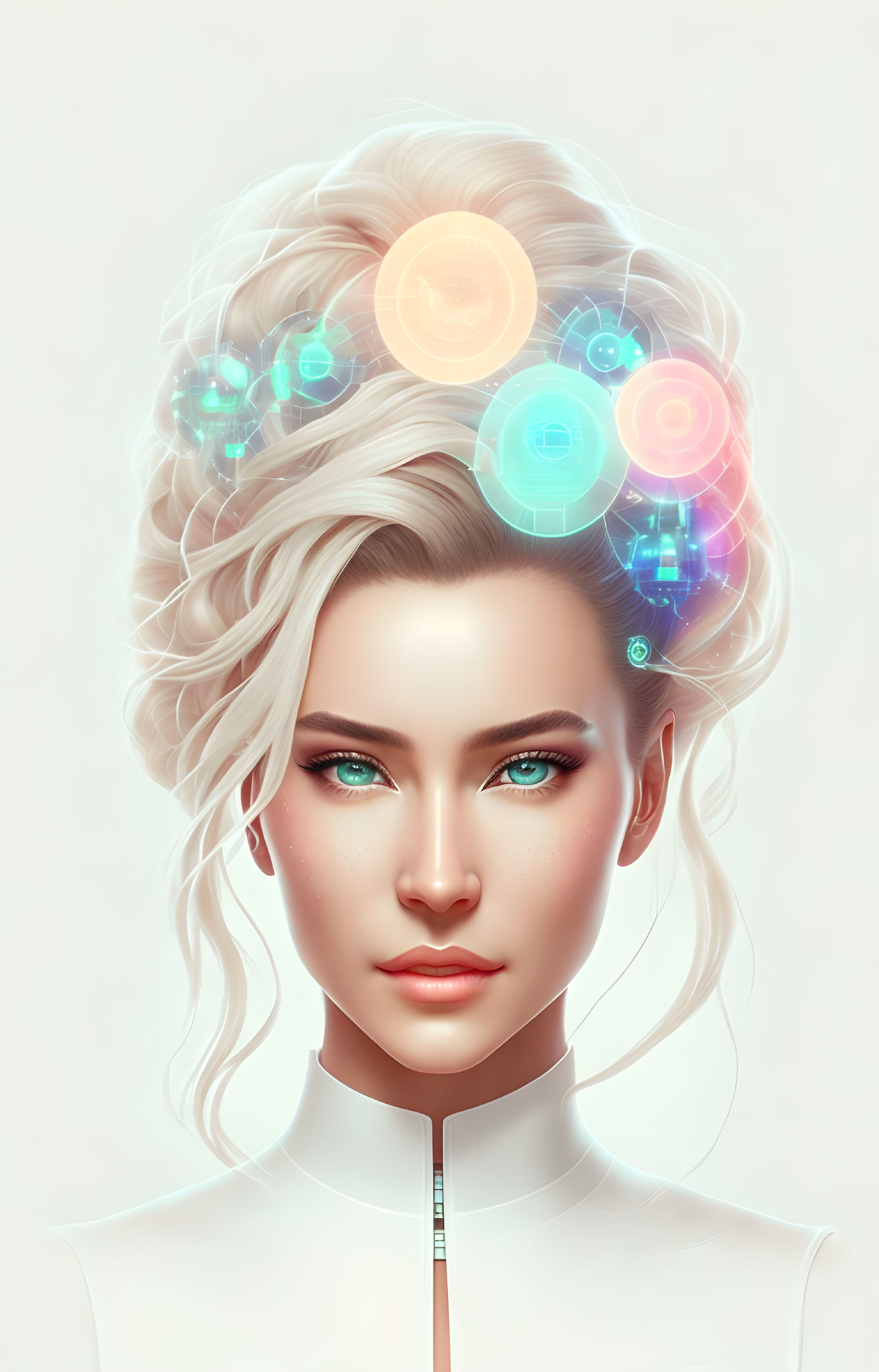 White-Haired Woman with Holographic Icons and Green Eyes