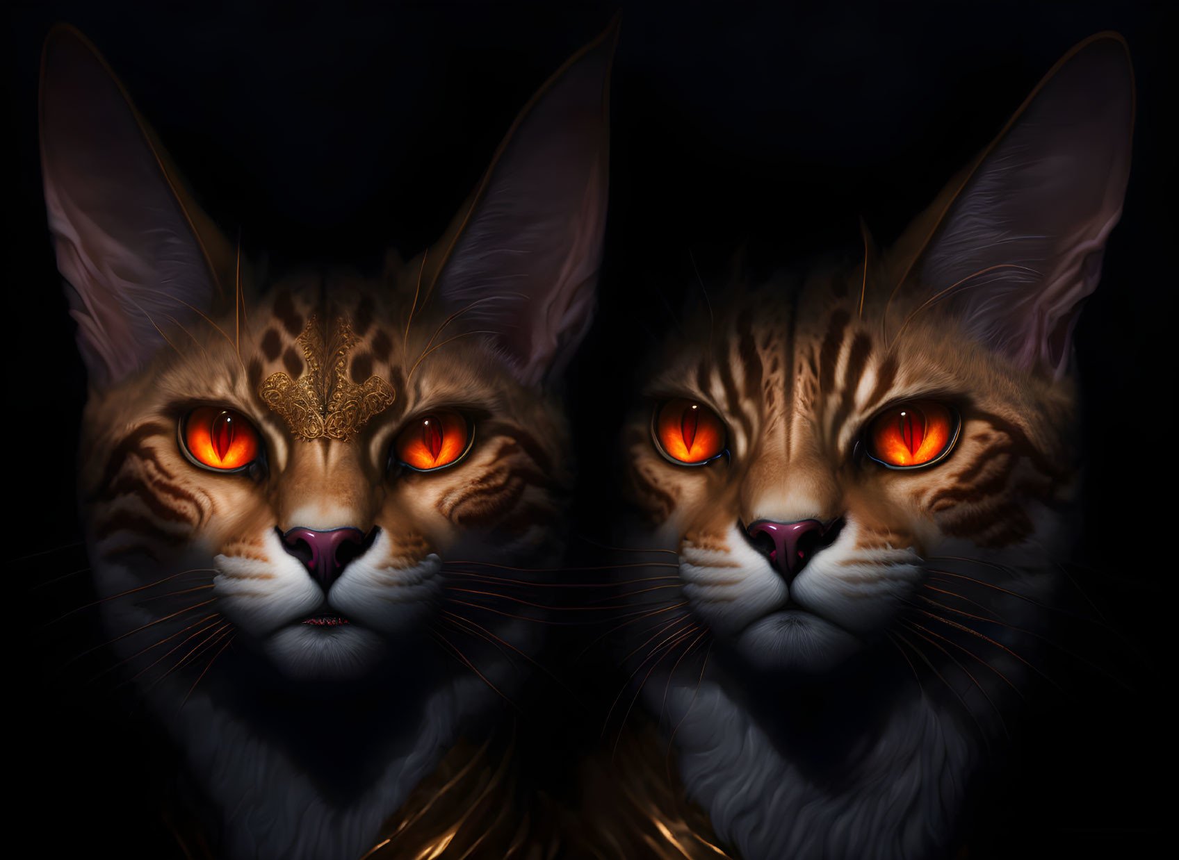 Mystical cats with red eyes and gold markings on dark background