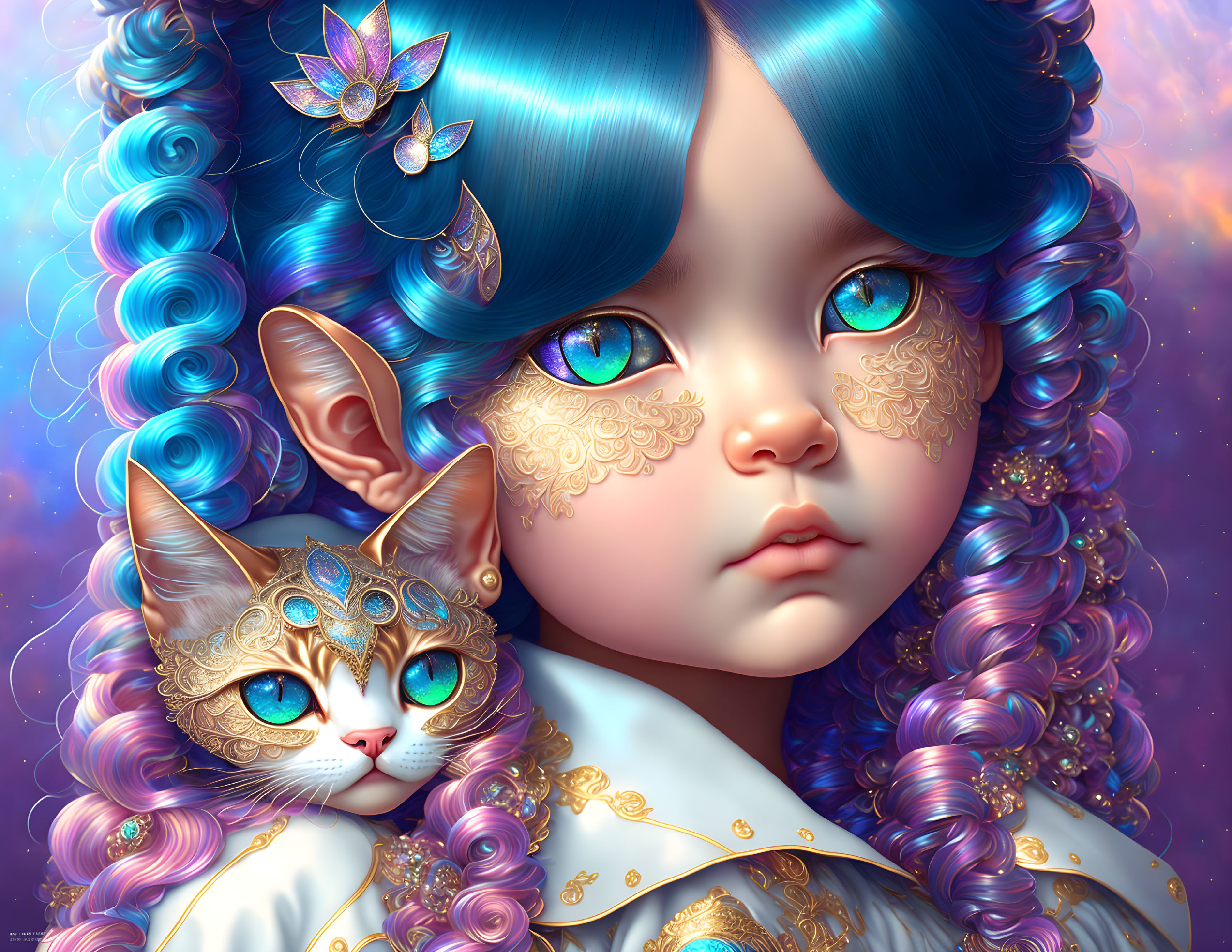 Vivid blue-eyed girl with curly blue and purple hair beside ornate cat