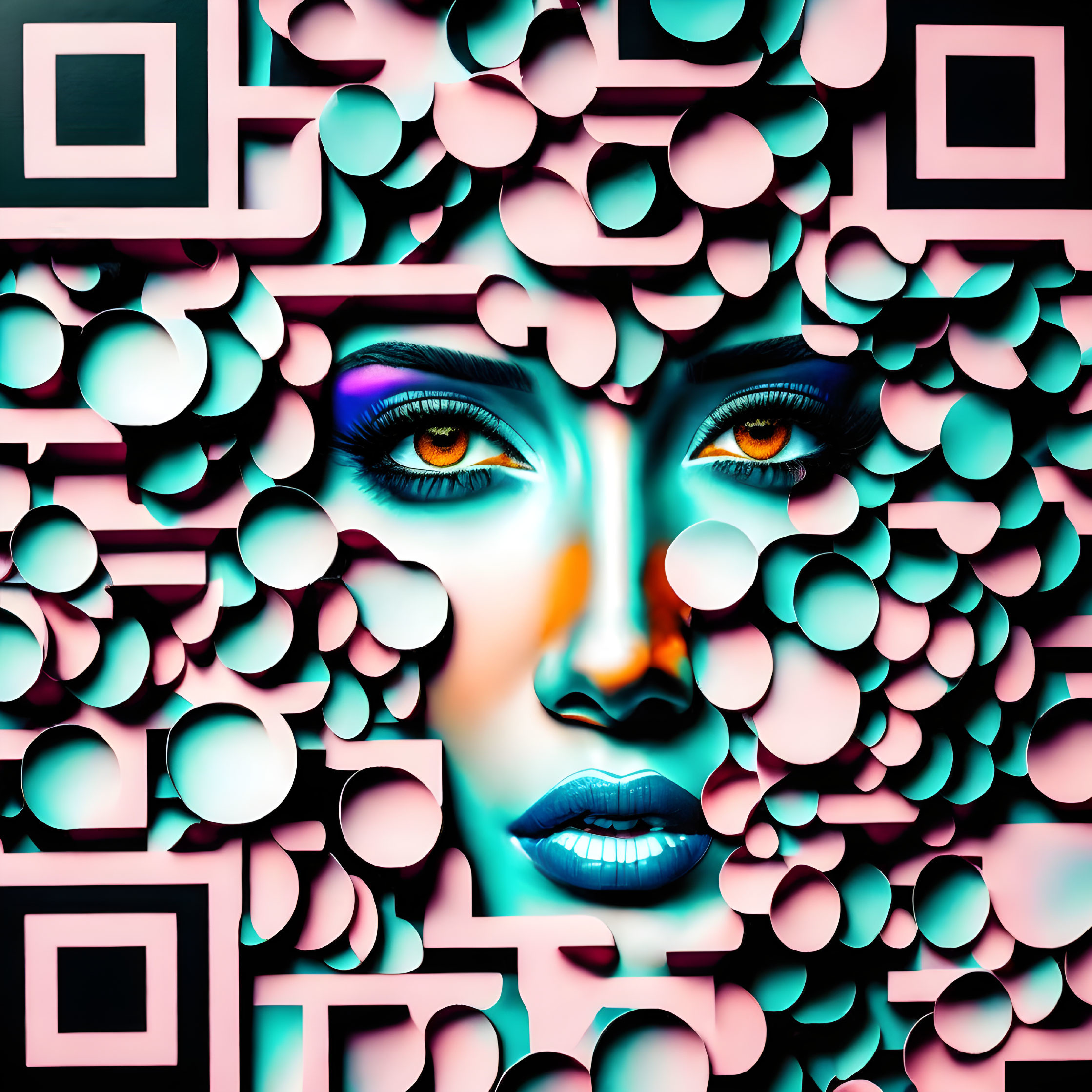 Vibrant abstract digital artwork of woman's face with geometric pattern