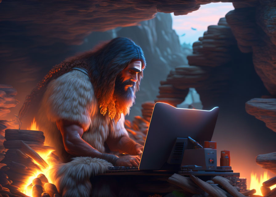 Caveman in furs with modern laptop in prehistoric cave