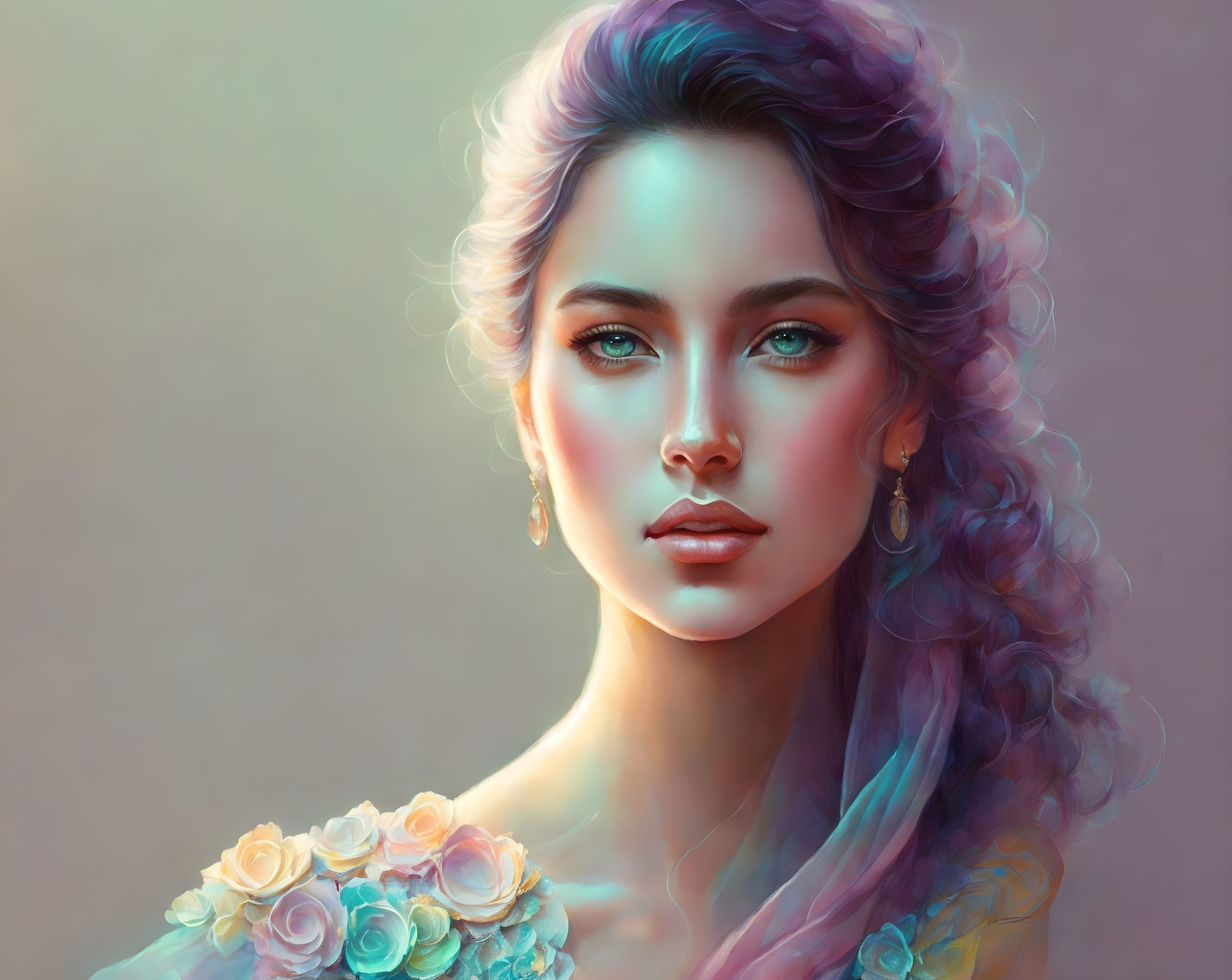 Multicolored Hair and Green Eyes in Pastel Portrait