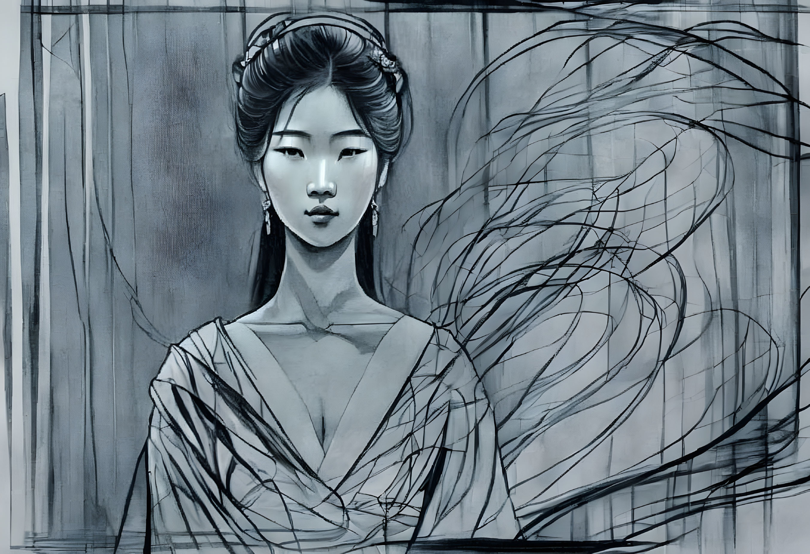 Monochrome illustration of poised woman with flowing hair and elegant attire