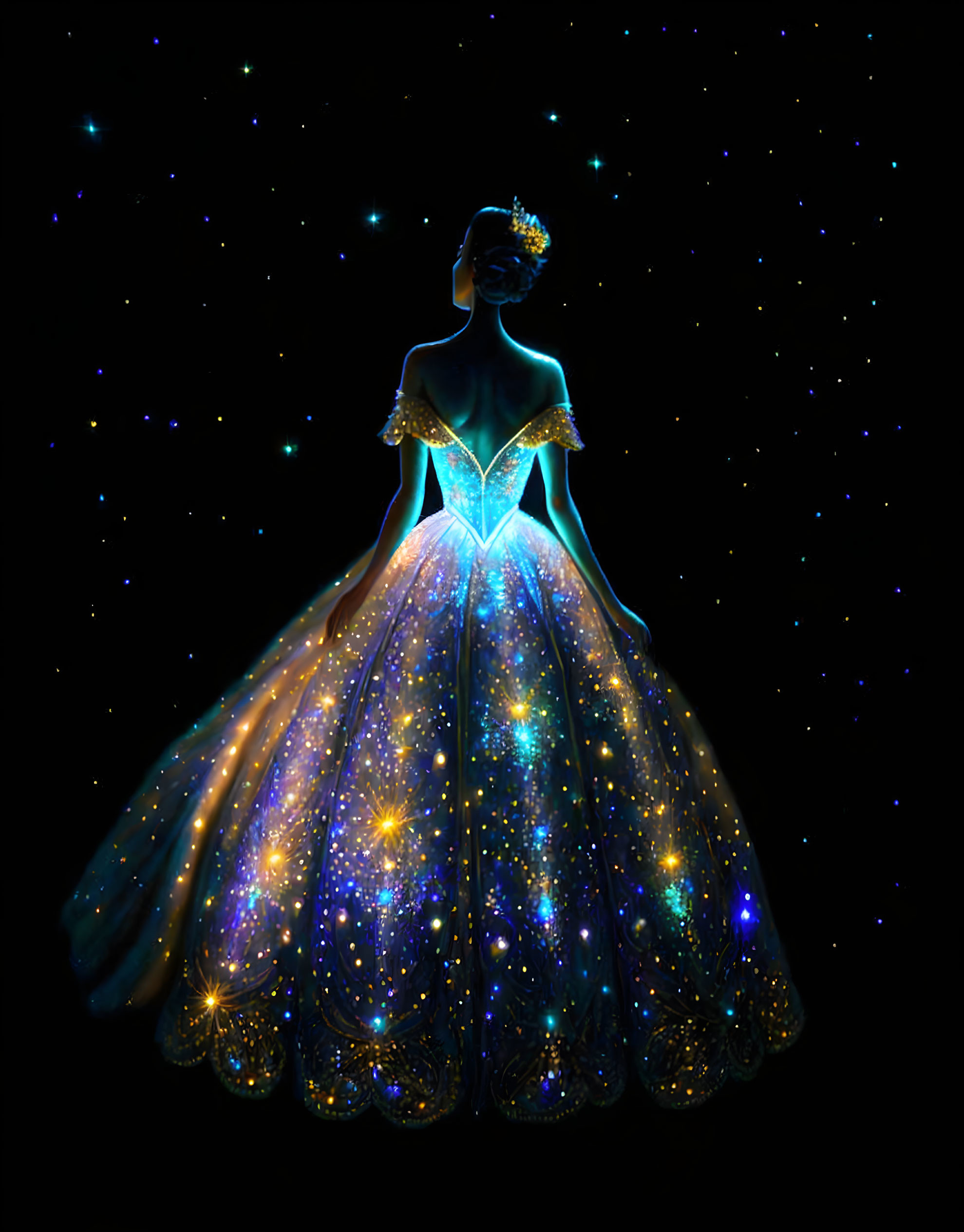 Starry gown on silhouette figure against black background