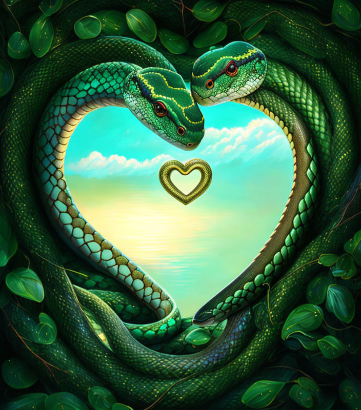 Snakes creating heart shape in sunset setting with lush greenery