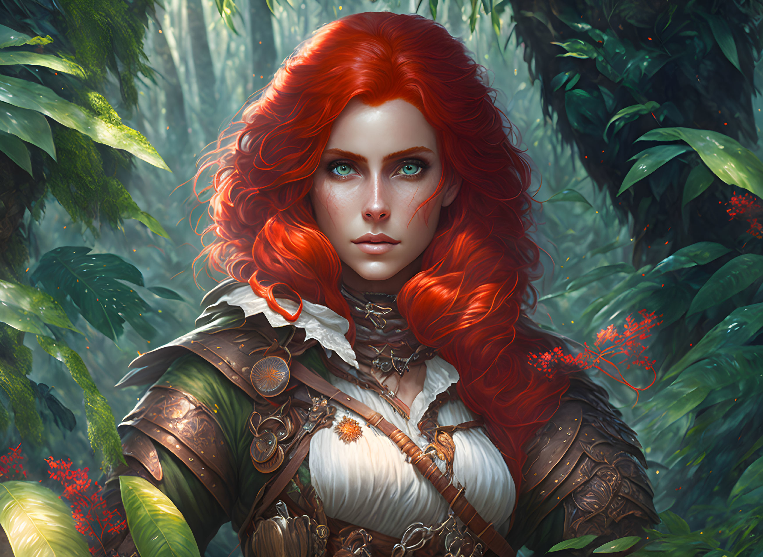 Red-haired woman in medieval armor against enchanted forest.