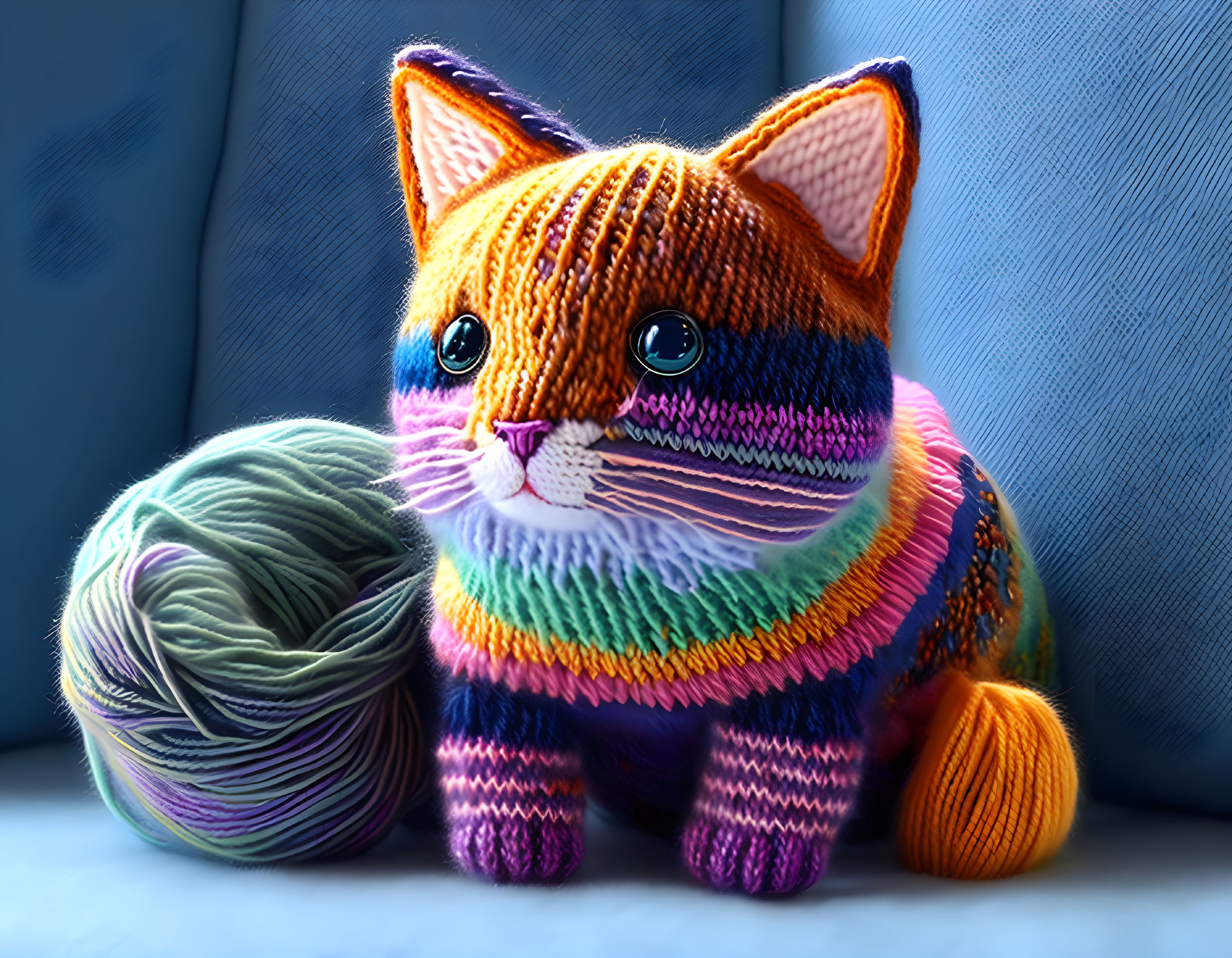 Vibrant Striped Knitted Cat Toy with Yarn Ball on Couch