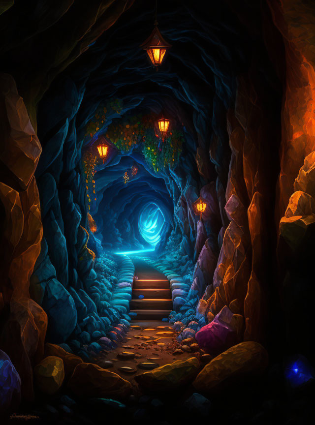 Lantern-lit cave passage with blue glow and colorful flora