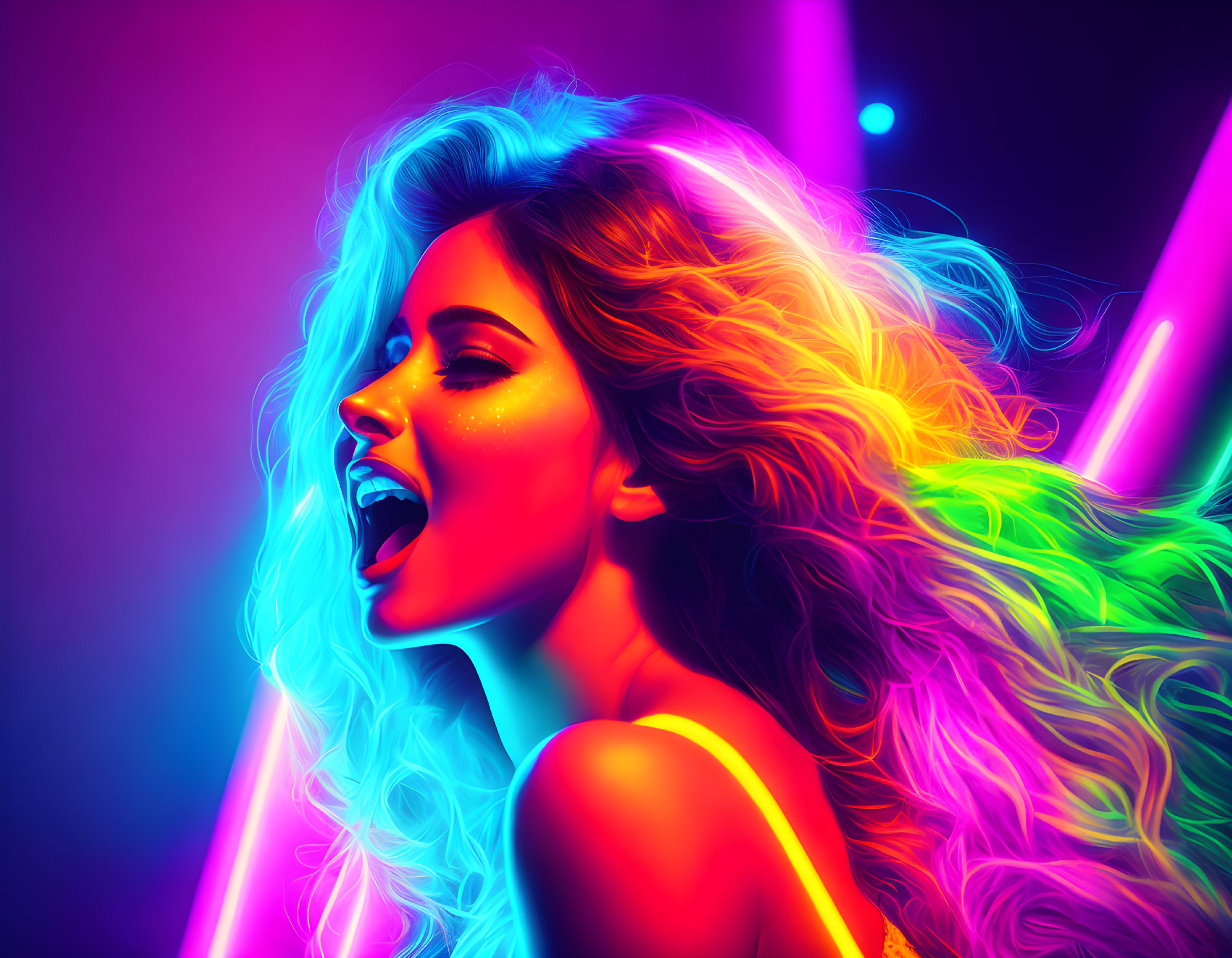 Colorful digital artwork of a woman with neon lighting effects