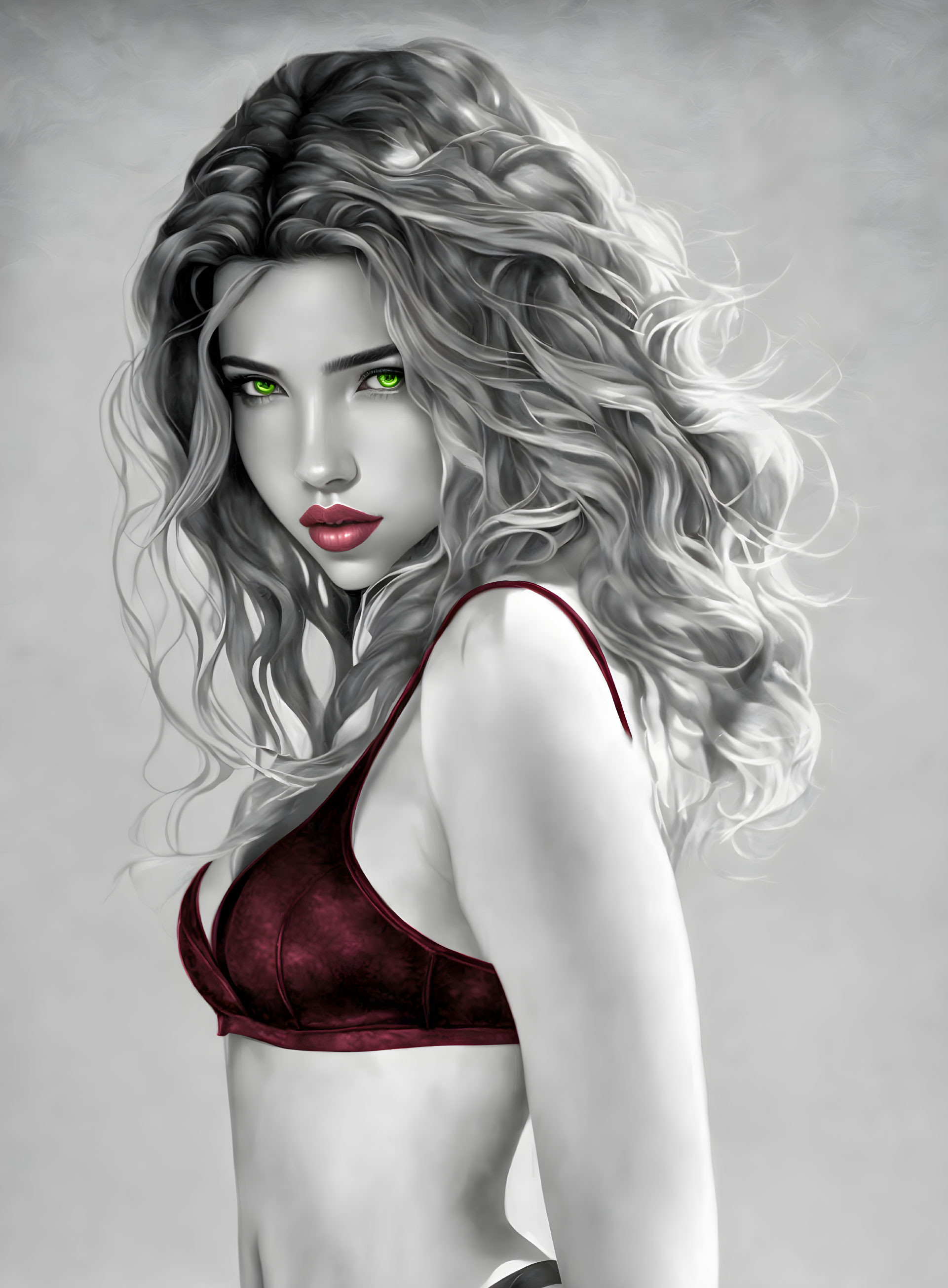 Woman with voluminous curly hair and green eyes in digital art.