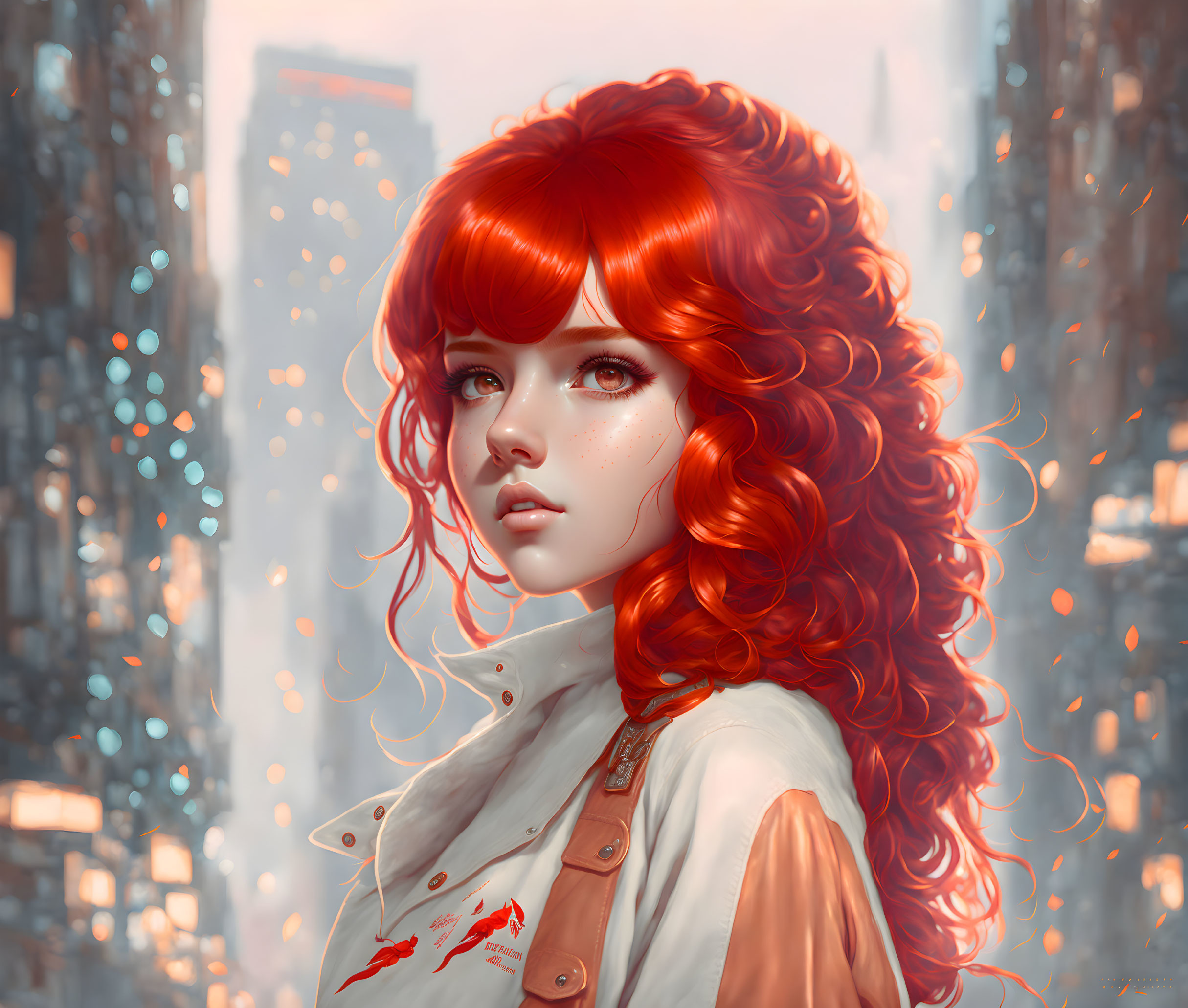 Vibrant red-haired girl in digital art with cityscape backdrop