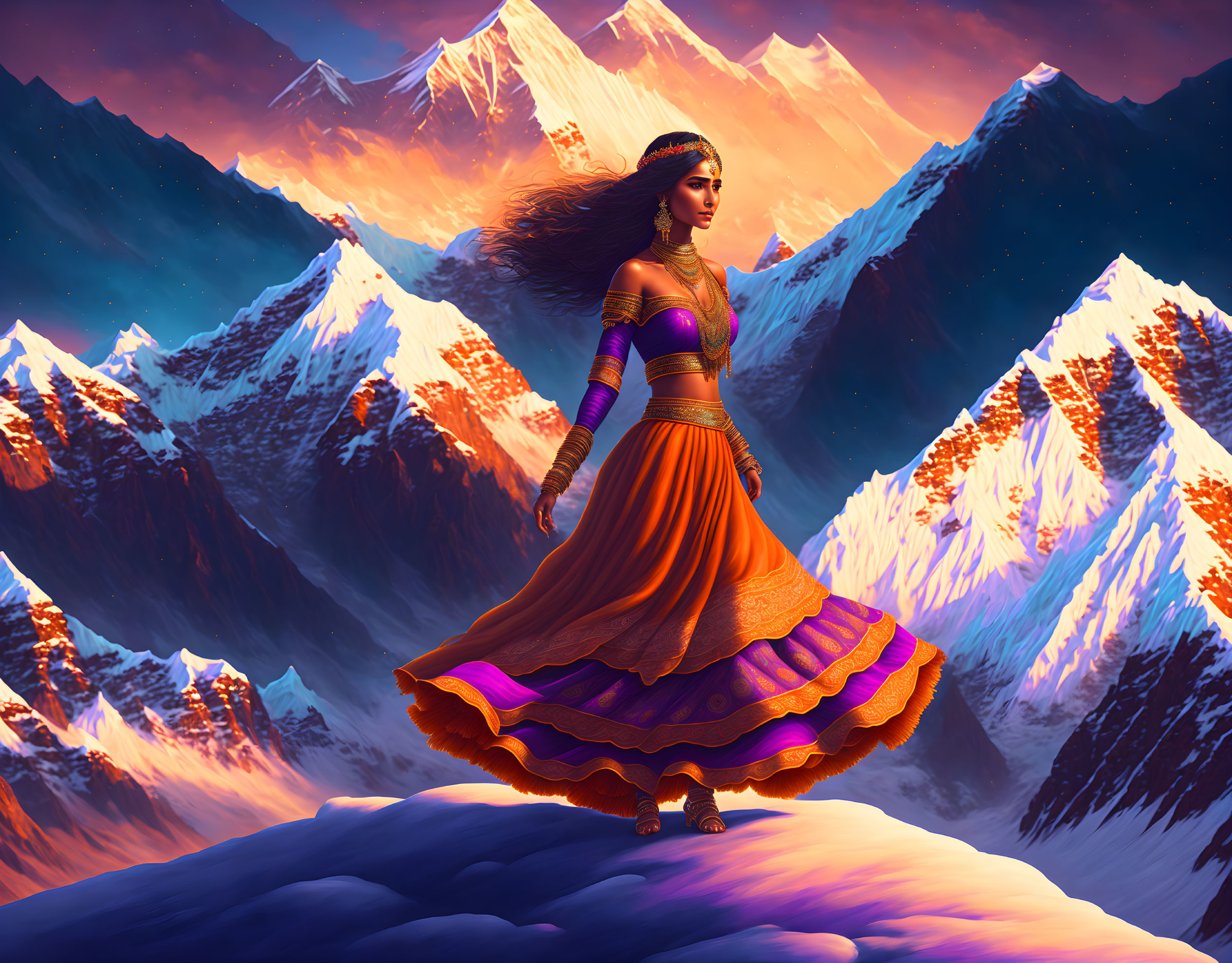 Woman in orange and purple traditional attire spins on snowy ledge with sunlit mountains.