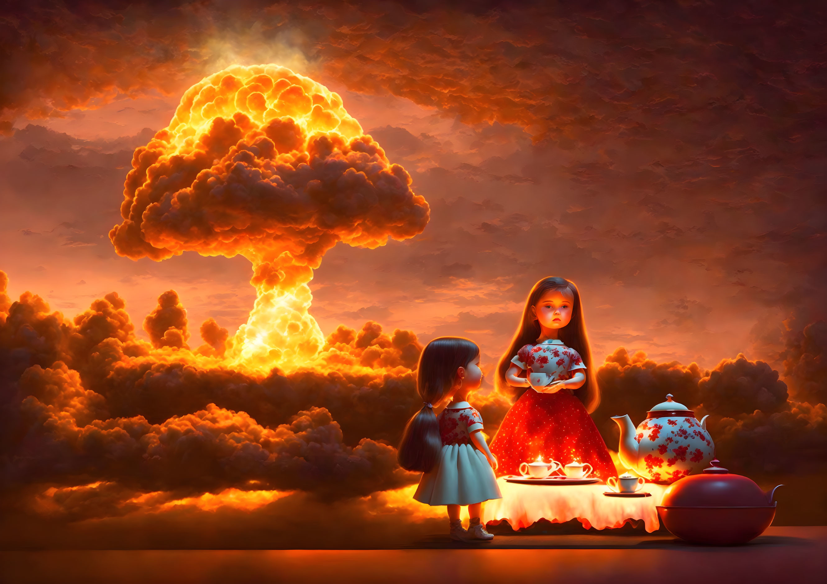 Dolls tea party under dramatic orange sky with mushroom cloud