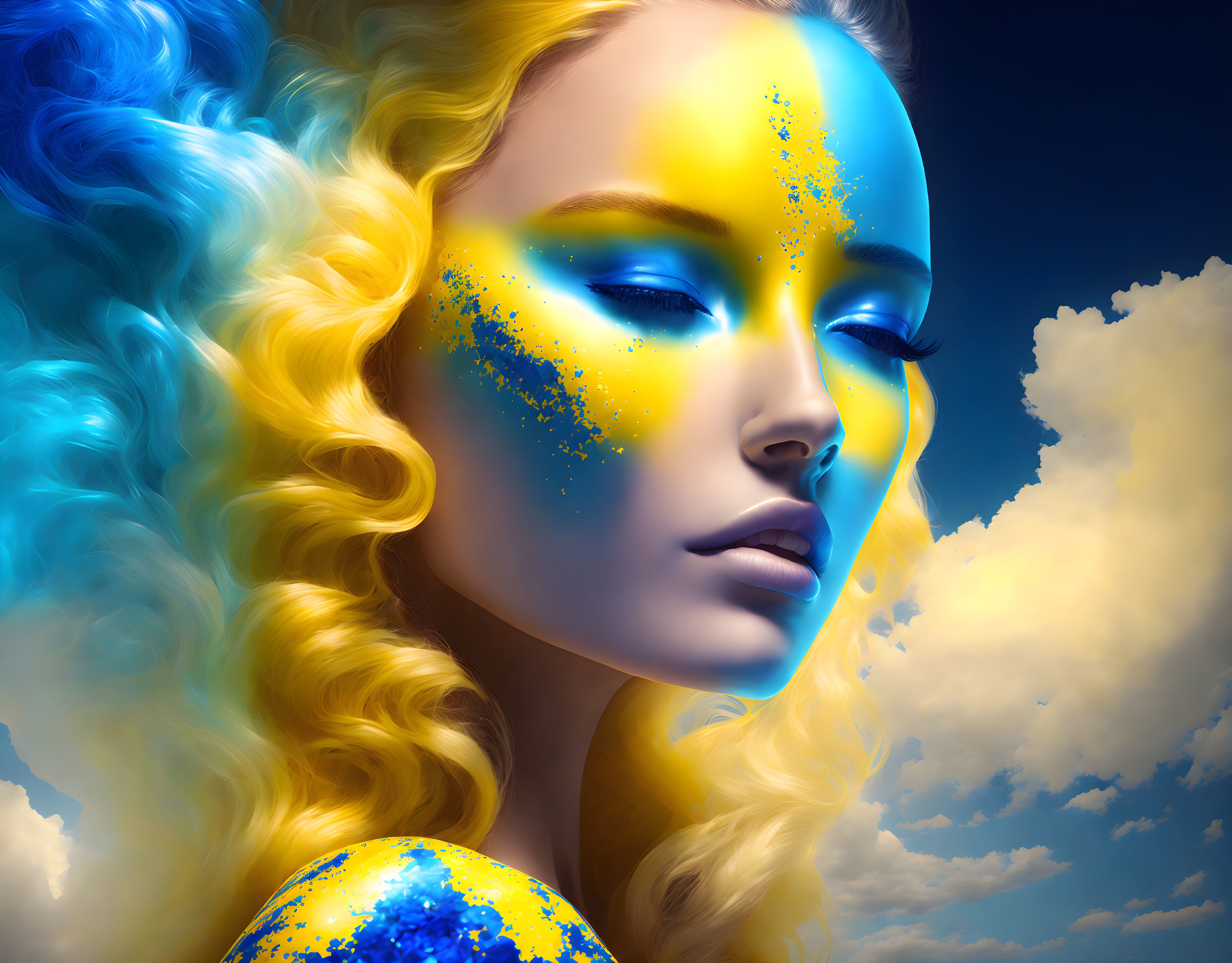 Vibrant blue and yellow makeup on woman with golden curly hair against cloudy sky.