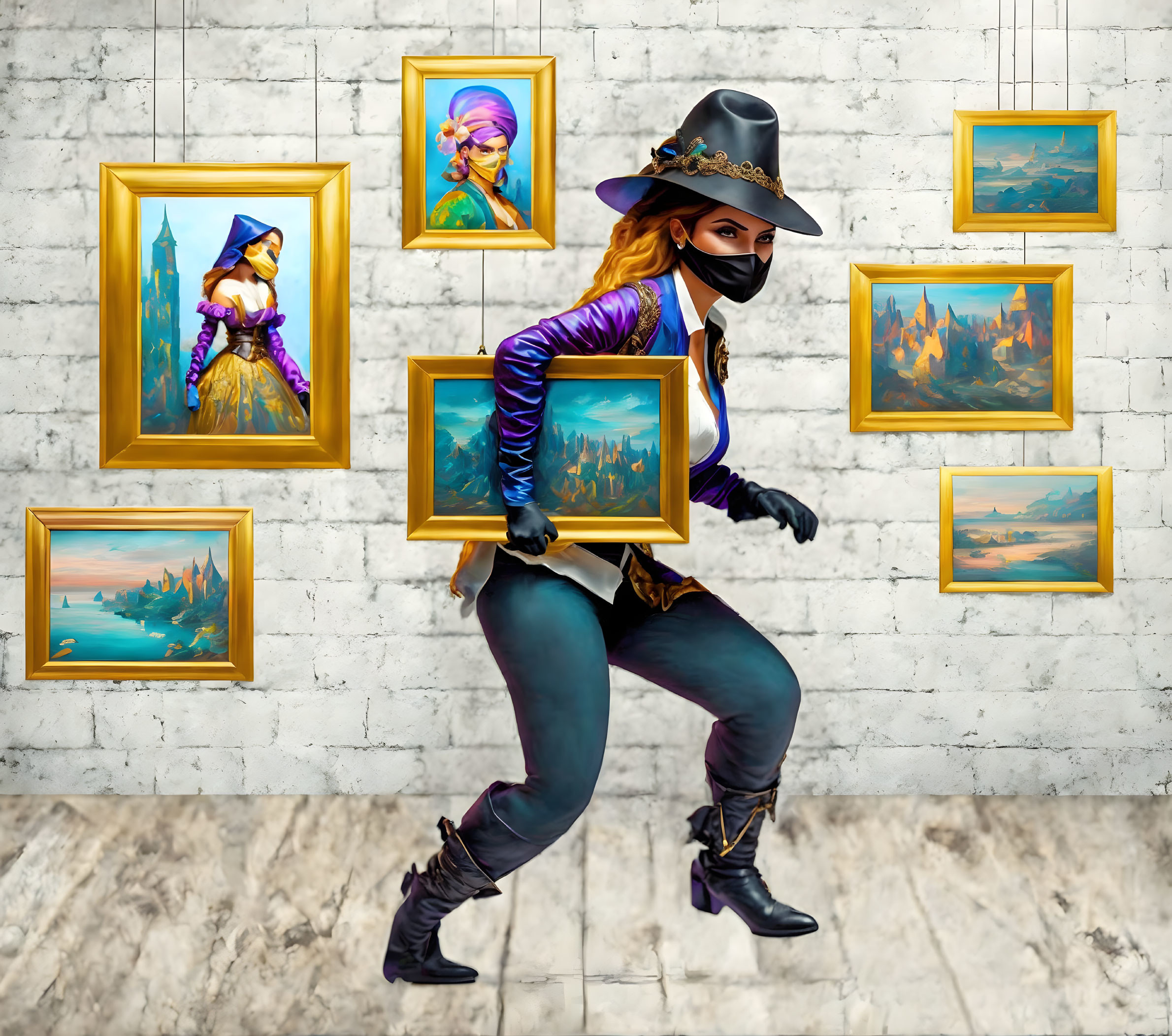 Masked person with hat sneaking by wall of framed artworks