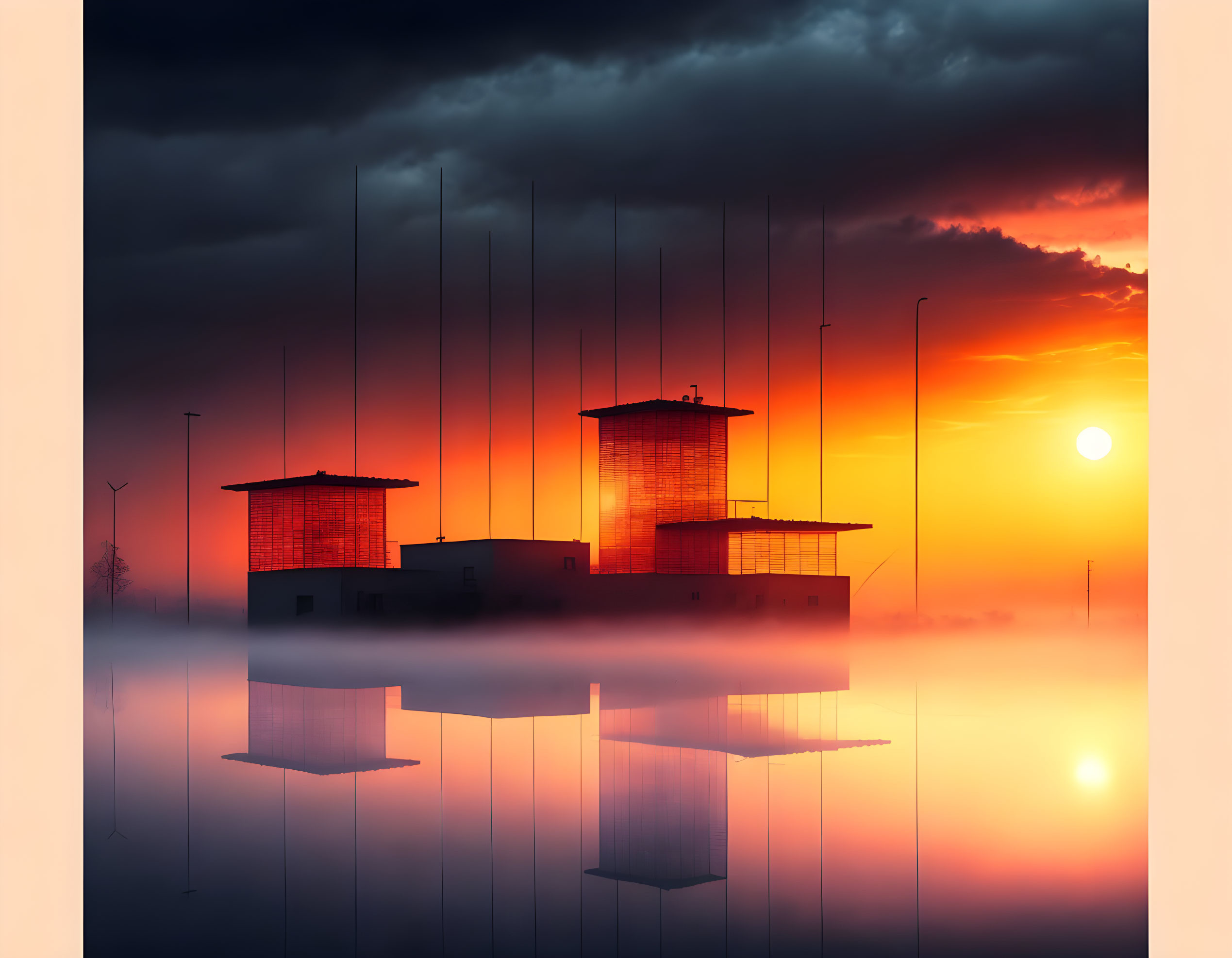 Urban industrial buildings in misty sunset with water reflections