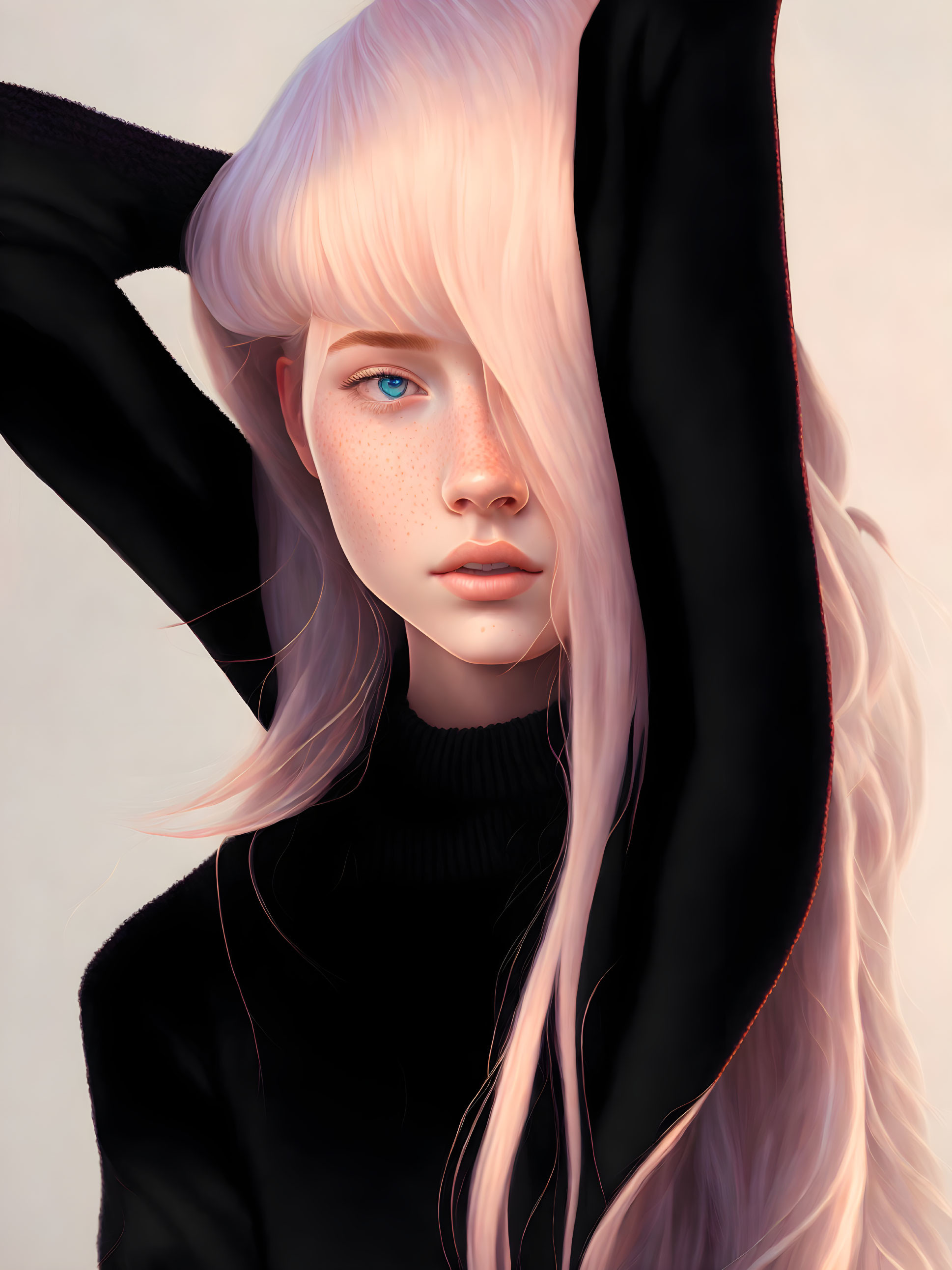 Pale-skinned person with blue eyes and pinkish-blonde hair in black turtleneck portrait