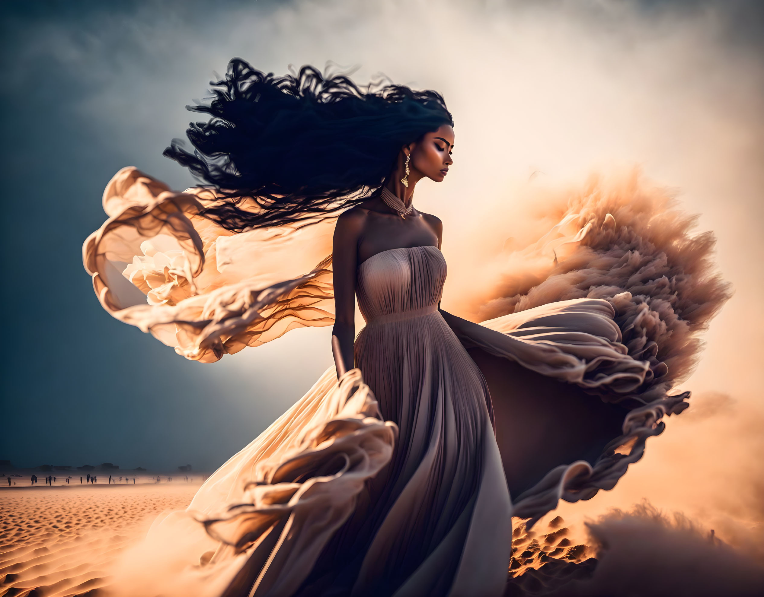 Woman in flowing dress stands in desert under dramatic sky