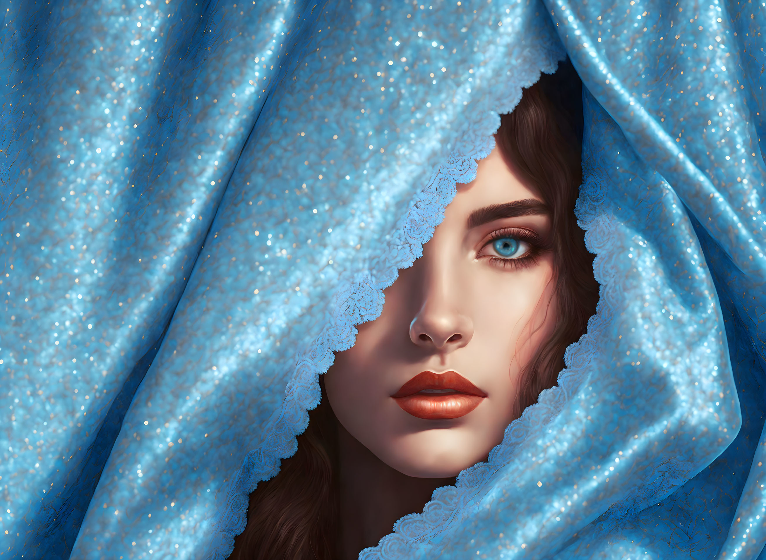 Woman with Striking Blue Eyes Peeking Through Sparkly Blue Lace-Edged Cloth