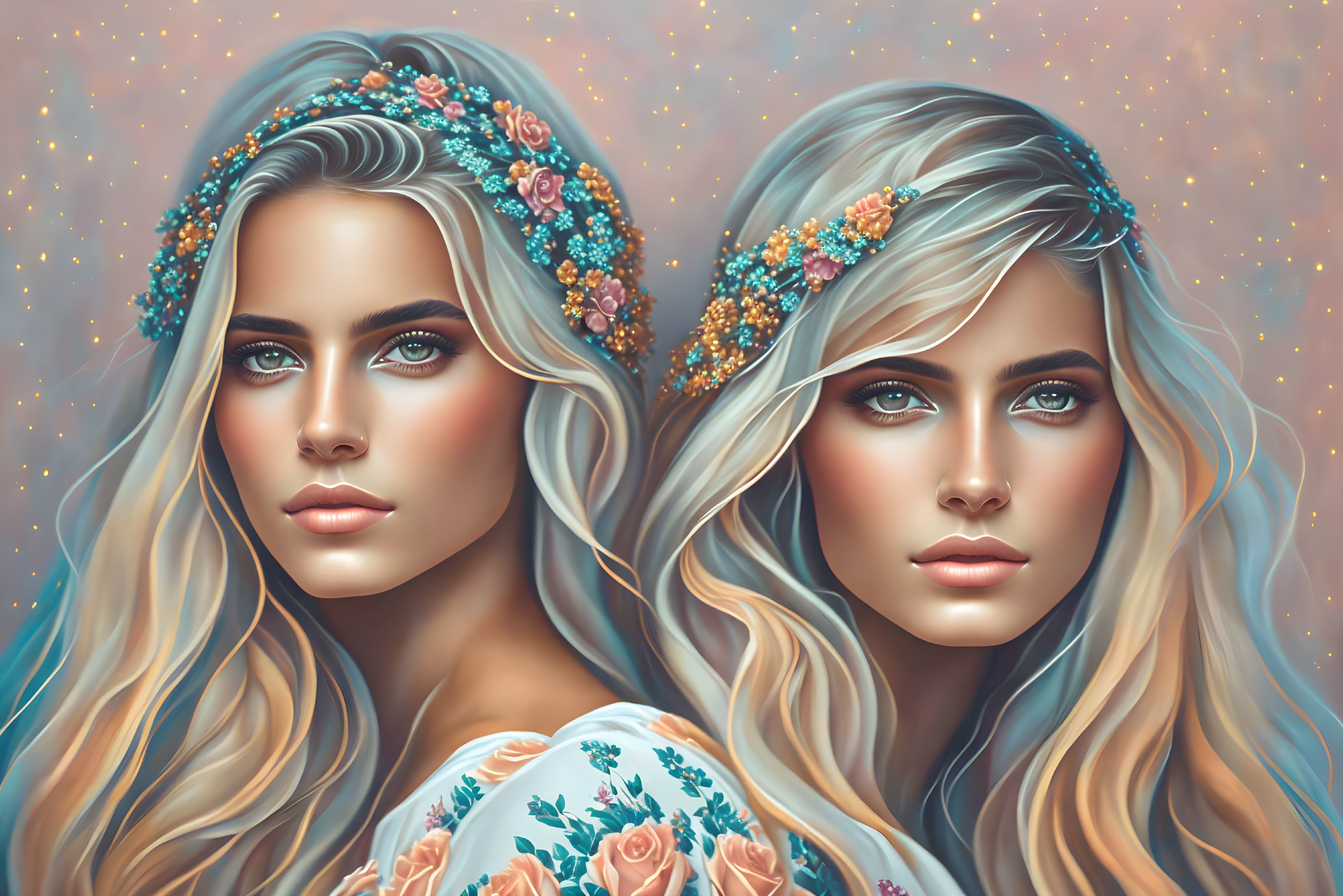 Twin women with floral crowns and wavy hair in starry backdrop