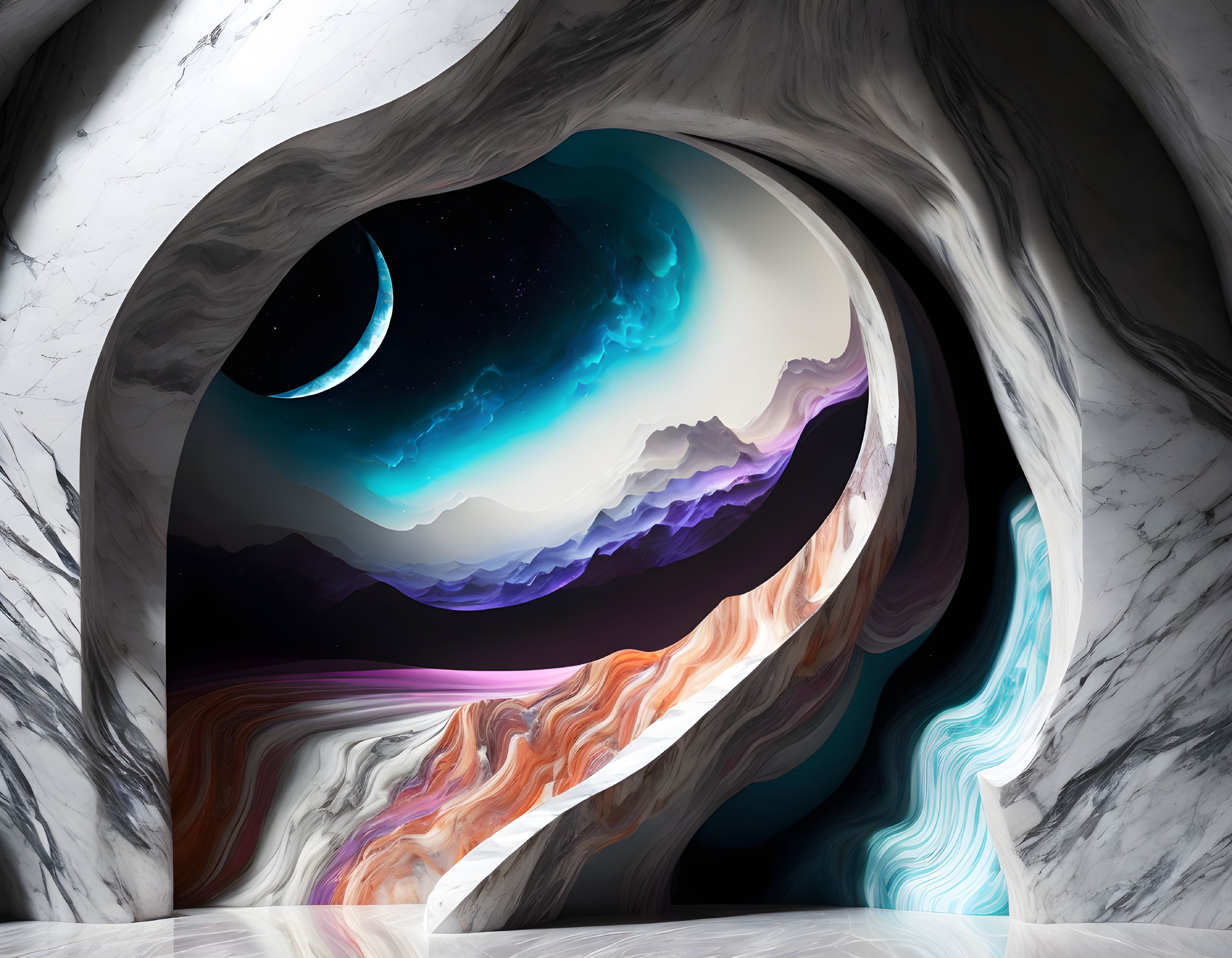 Abstract marble cave opening with cosmic landscape: crescent moon, stars, colorful nebulae, sil