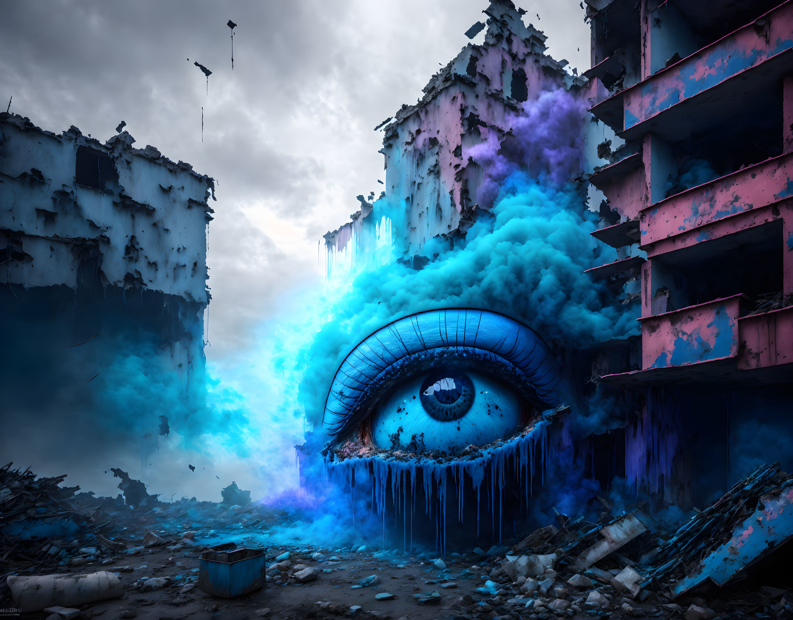 Vivid Blue Eye in Mystical Smoke with Dilapidated Buildings