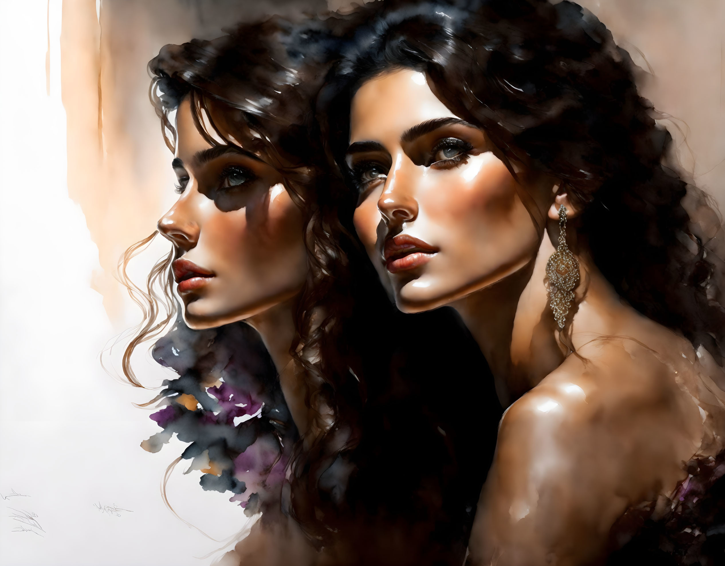 Two dark-haired women in painterly style pose side by side