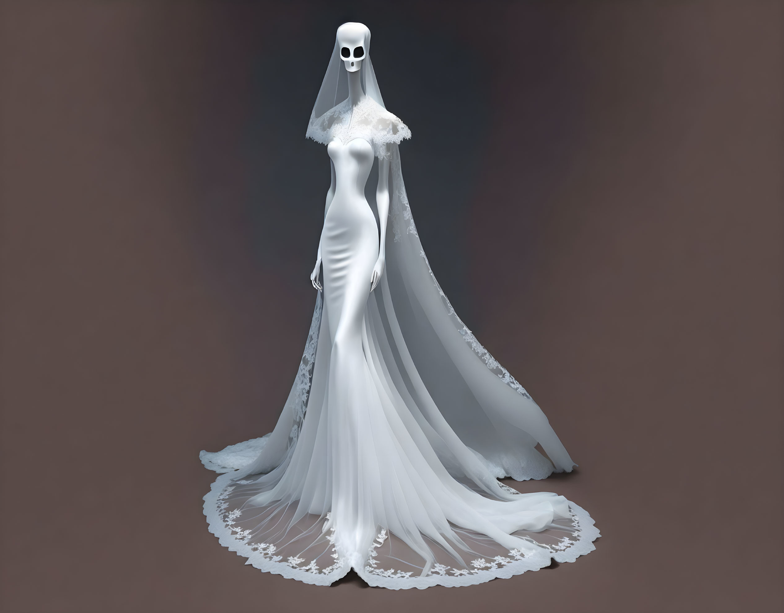 Skull-faced figure in white bridal gown and veil on brown background