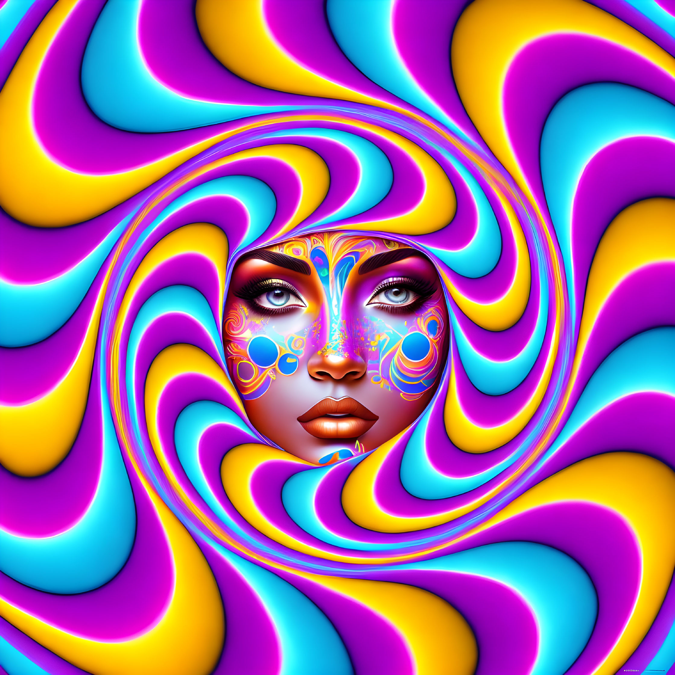 Colorful digital artwork: Woman's face with swirling psychedelic patterns