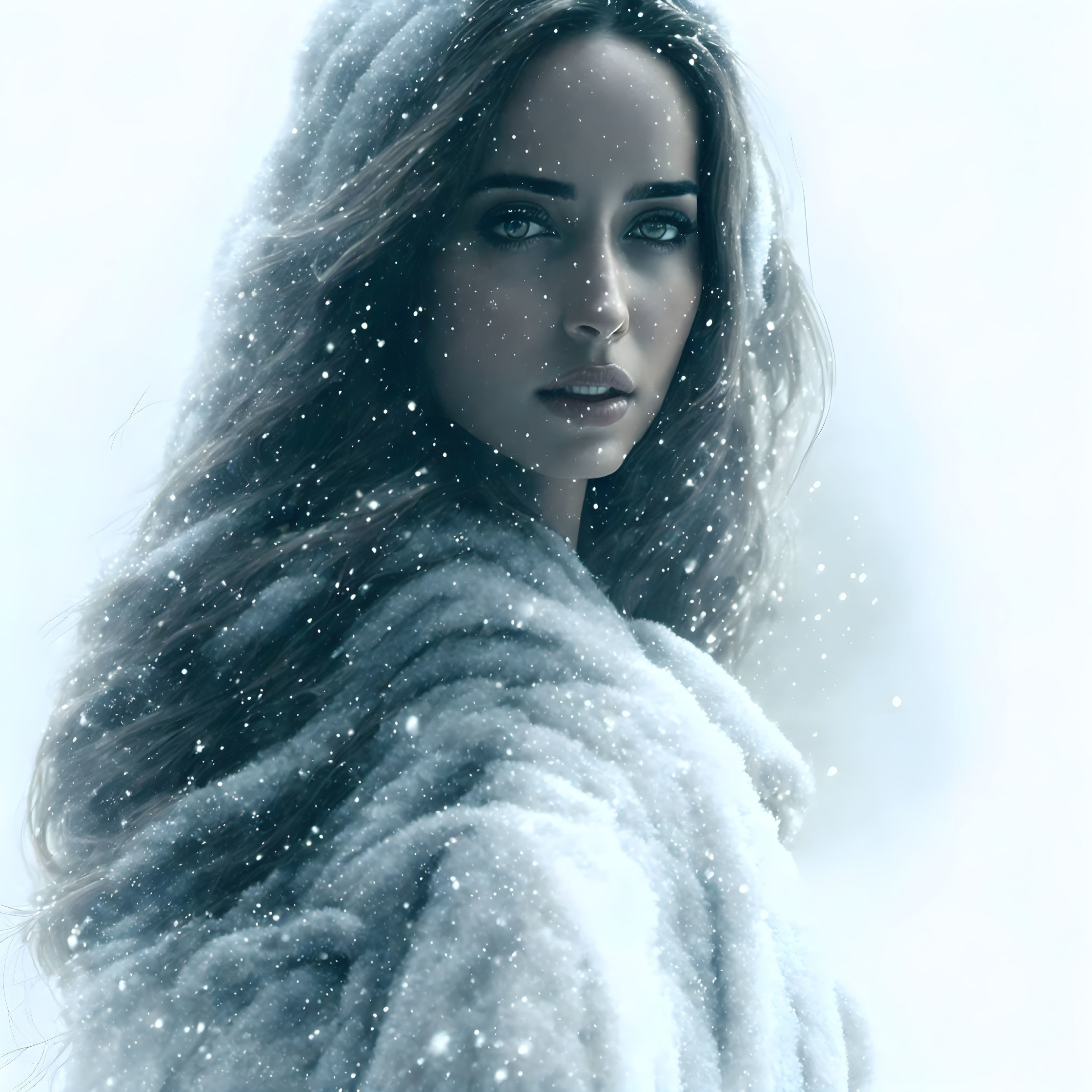 Woman with Blue Eyes in White Fur Coat in Snowfall