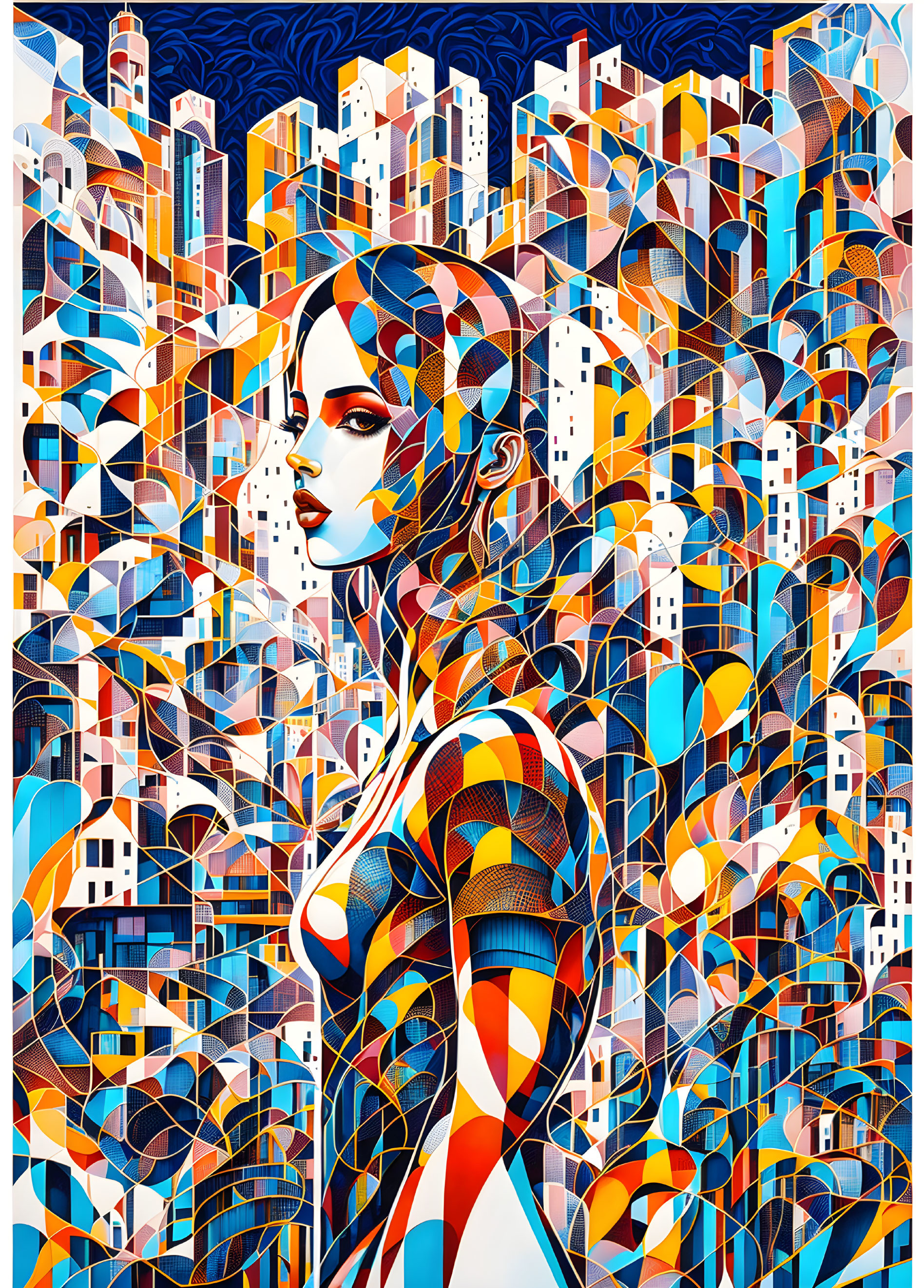 Vibrant geometric art merging woman's profile with cityscape