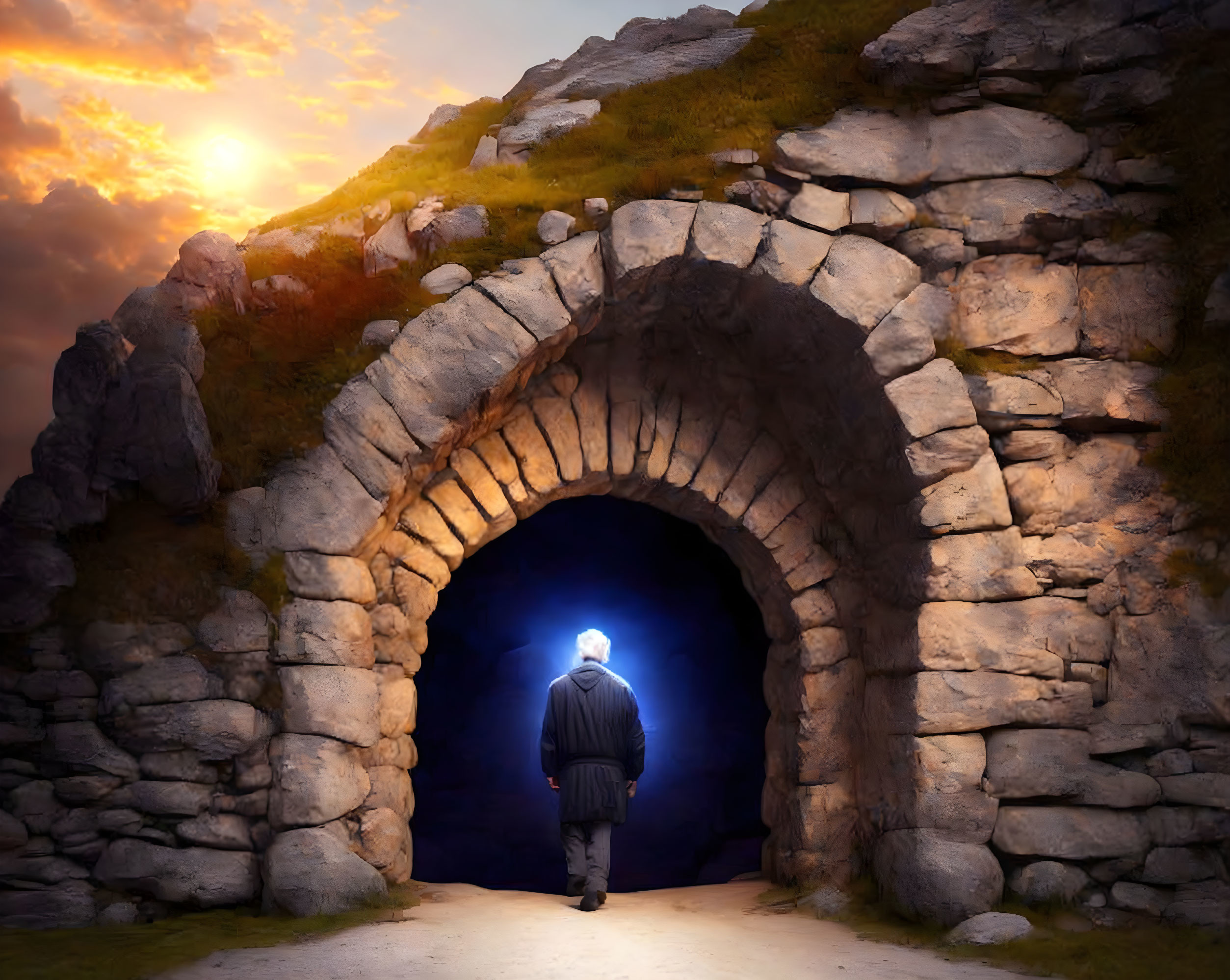 Person at entrance of old stone tunnel facing bright blue light under sunset sky